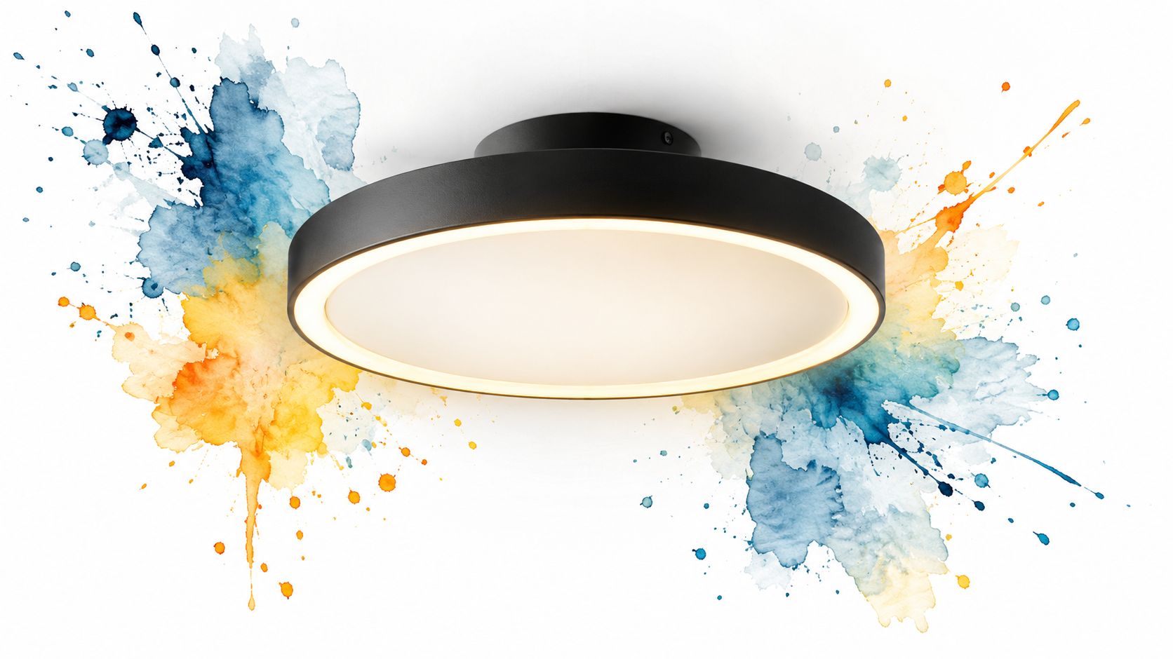 Plafonnier design moderne avec une forme ronde et une finition noire, entouré de taches colorées en aquarelle.