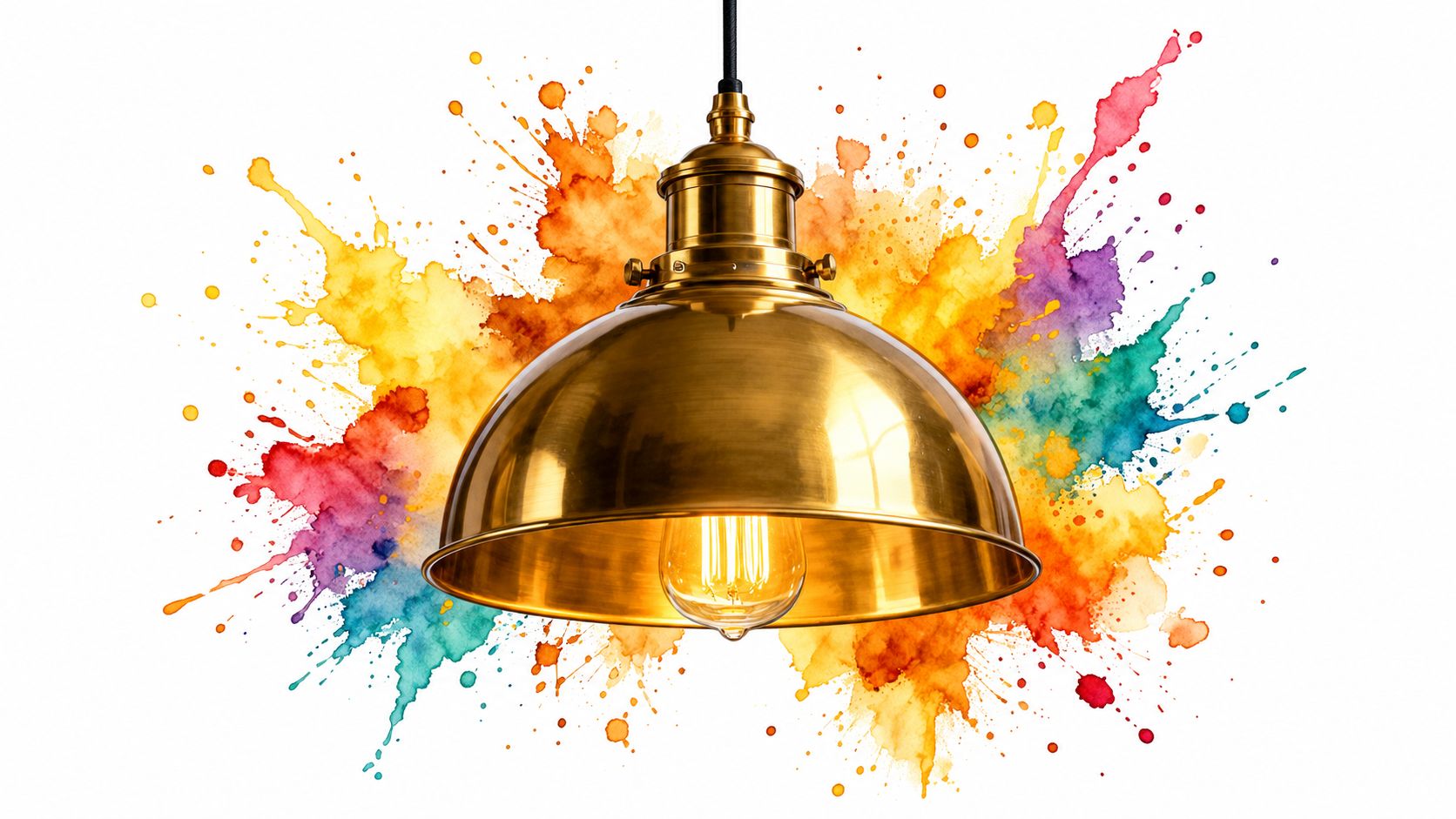 Une élégante suspension en laiton brillant sur un fond éclatant avec des éclaboussures de peinture multicolore.