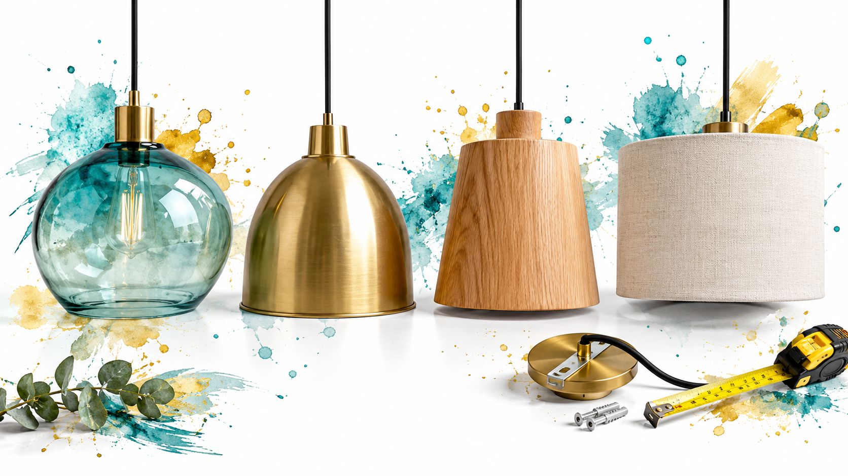 Quatre modèles différents de suspensions design avec des finitions en verre, métal doré, bois et tissu.