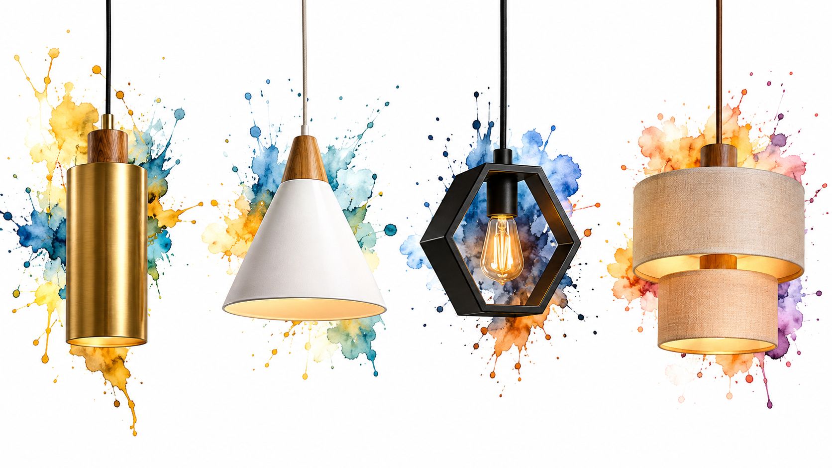 Quatre suspensions modernes au design varié avec un arrière-plan éclaboussé de peinture aux couleurs vives.