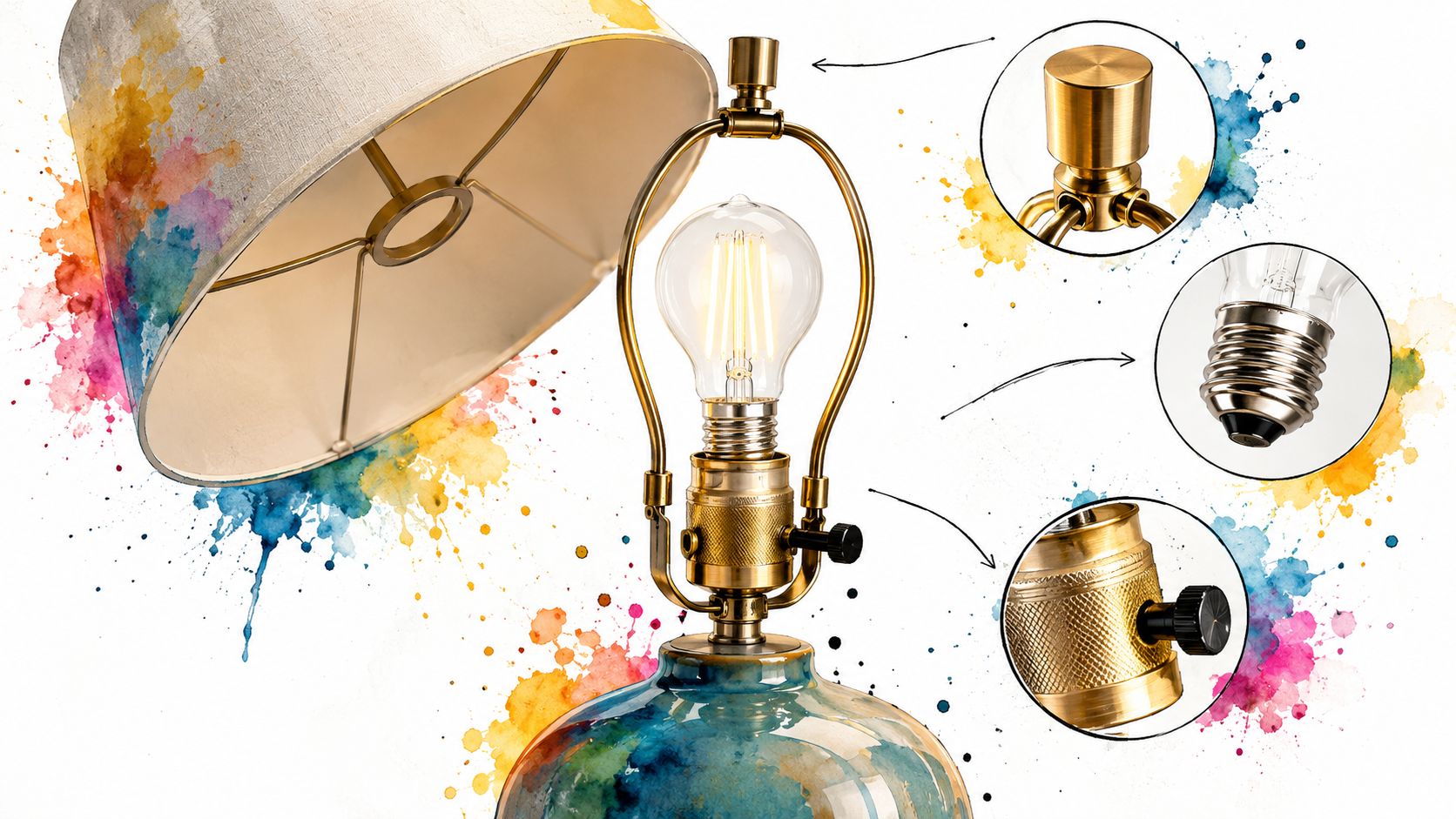Lampe de chevet élégante avec un abat-jour coloré en aquarelle et des détails en laiton brossé.