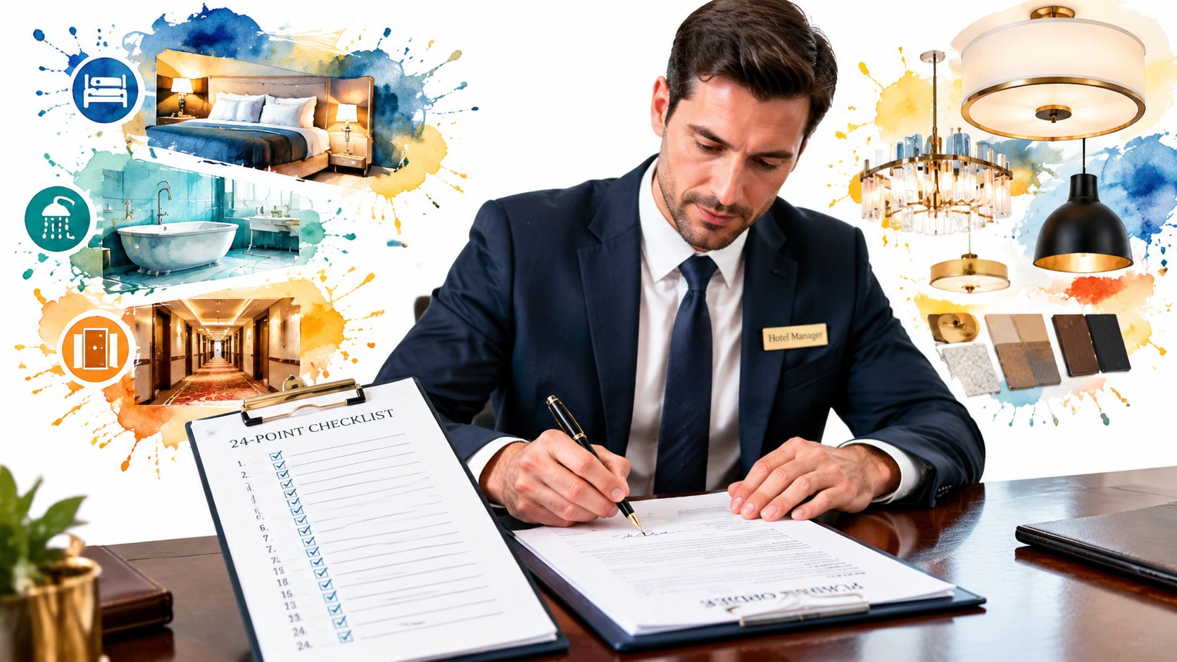 Un directeur d'hôtel en costume signe des documents administratifs entouré d'illustrations d'aménagement intérieur et de luminaires élégants.
