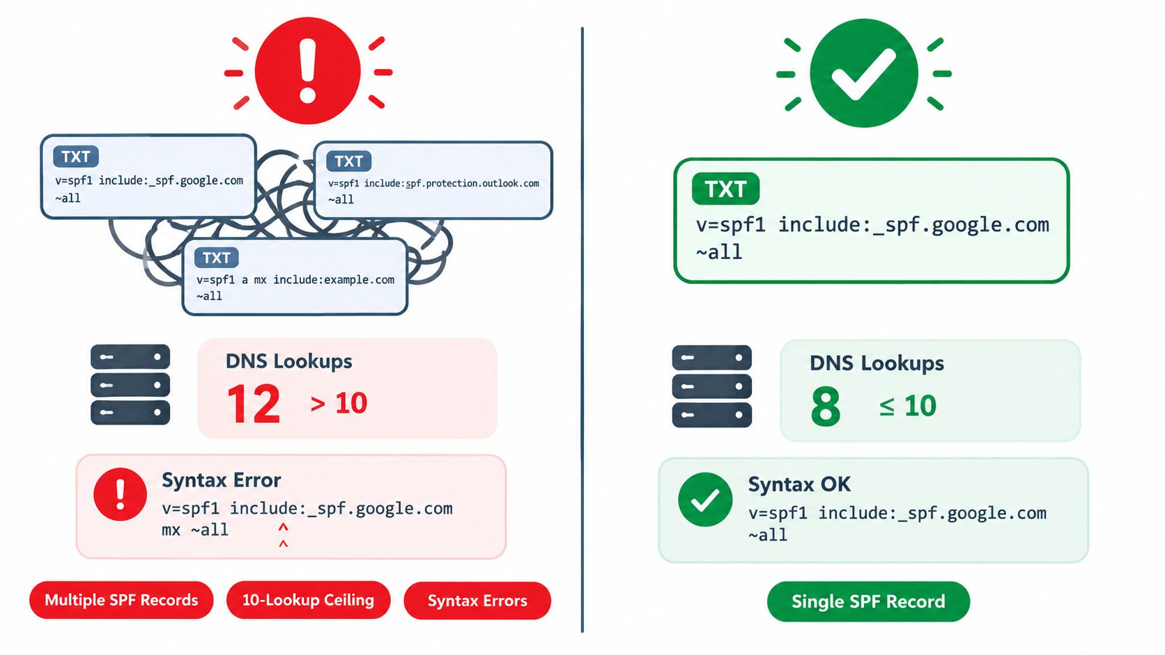 Comparison diagram showing multiple invalid SPF records versus a single correct and optimized SPF record for DNS.