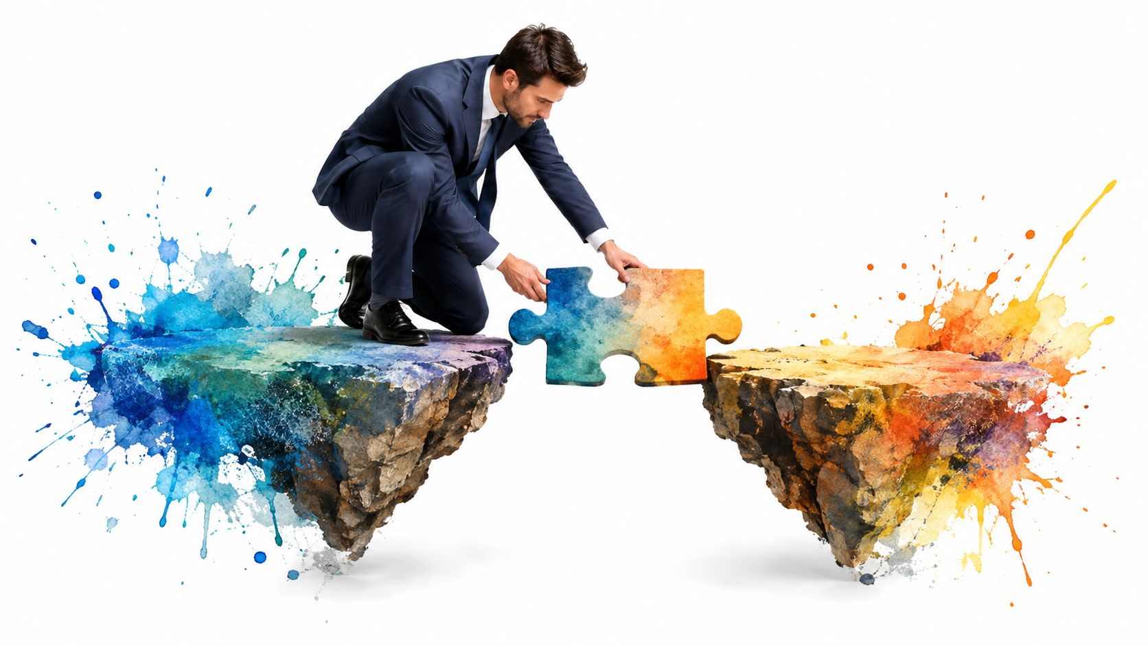 A businessman in a suit connects two floating rock platforms using a colorful puzzle piece.