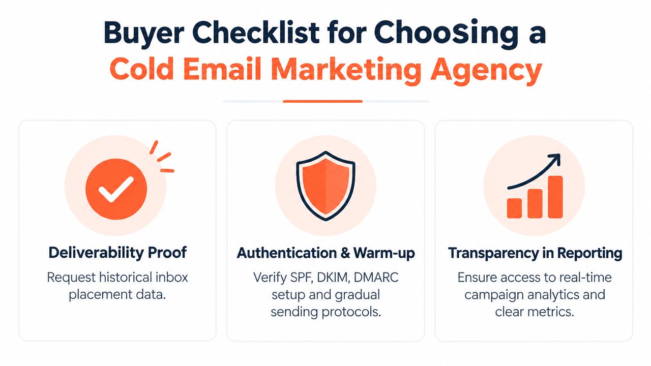 A checklist infographic outlining key factors to consider when choosing a professional cold email marketing agency.