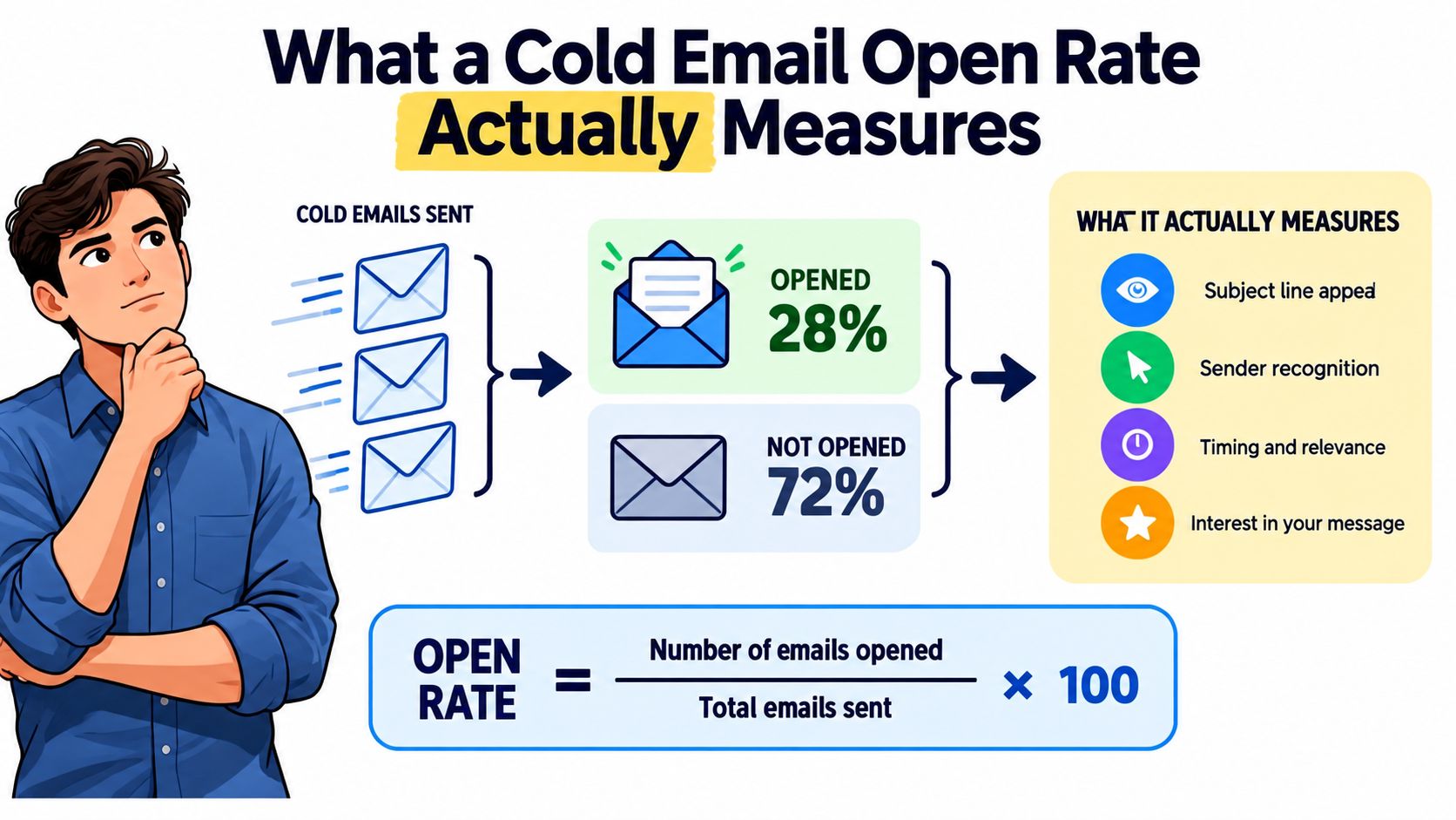 An infographic explaining what cold email open rates measure, featuring a man thinking and an equation.