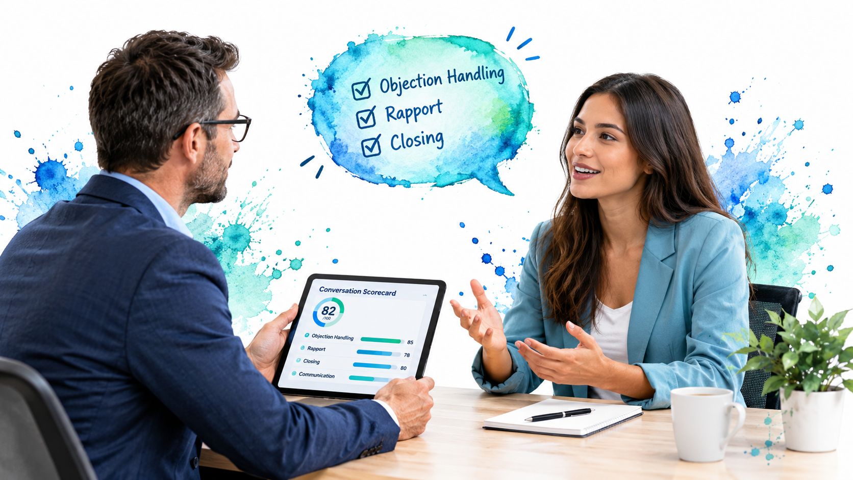 A professional man and woman discussing a conversation scorecard showing sales metrics on a digital tablet.