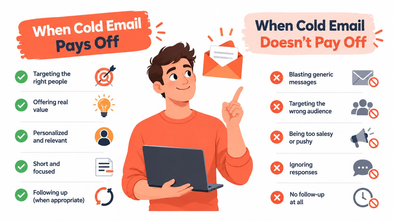 A helpful infographic comparing effective and ineffective cold email strategies for successful digital marketing campaigns.
