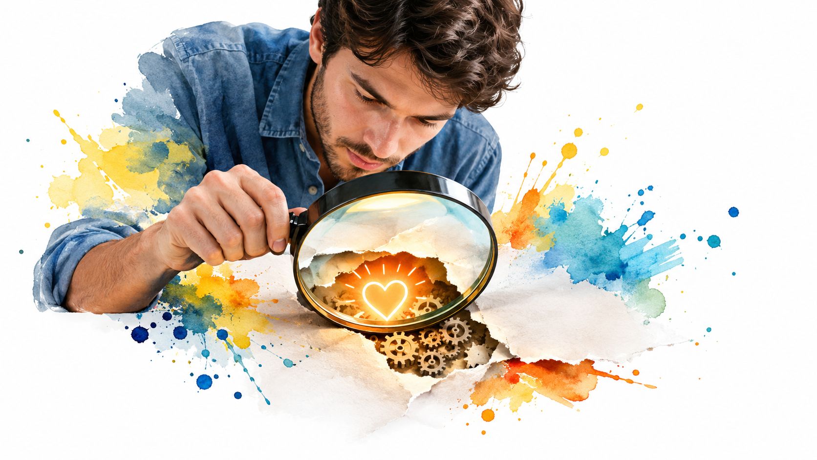 A man looks through a magnifying glass at a glowing heart symbol surrounded by mechanical gears inside paper.