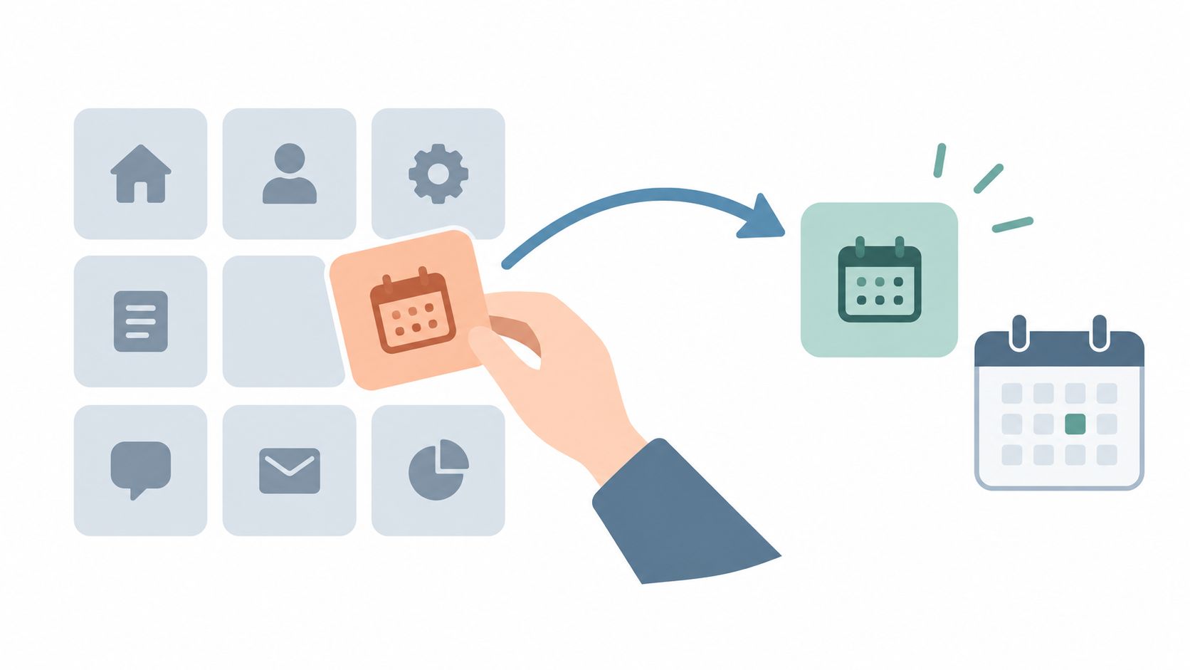 A hand moving a calendar app icon from a dashboard grid to a new position.