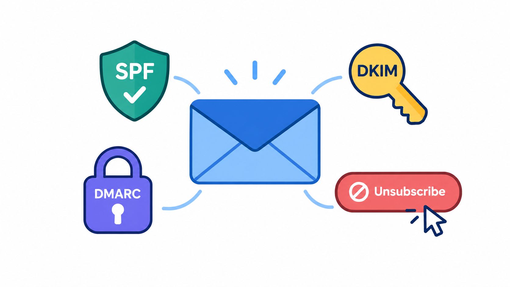 A digital graphic displaying an email icon surrounded by security symbols for SPF, DKIM, DMARC, and an unsubscribe button.