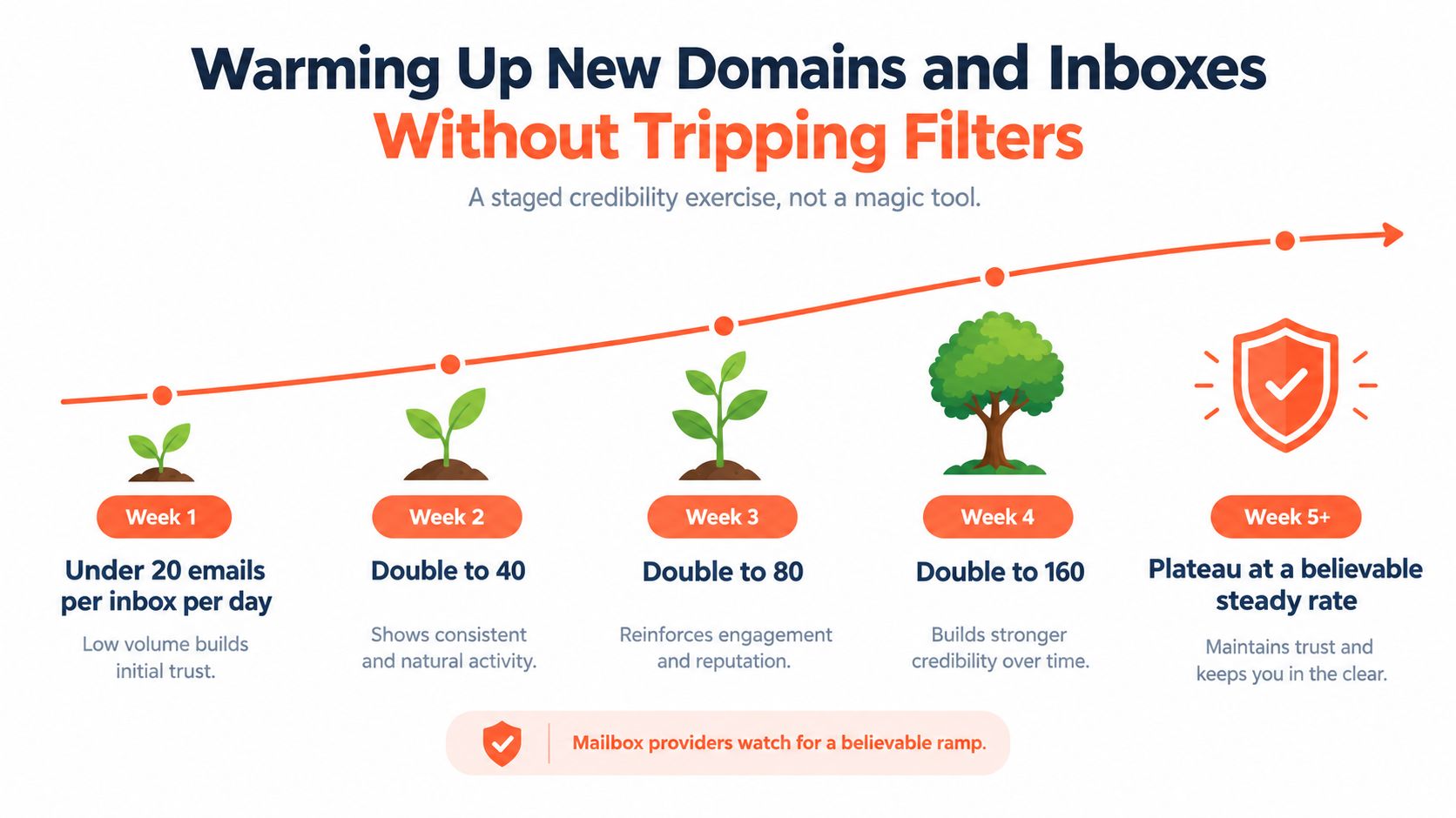 A diagram illustrating the step-by-step strategy for warming up new email domains to avoid spam filters.