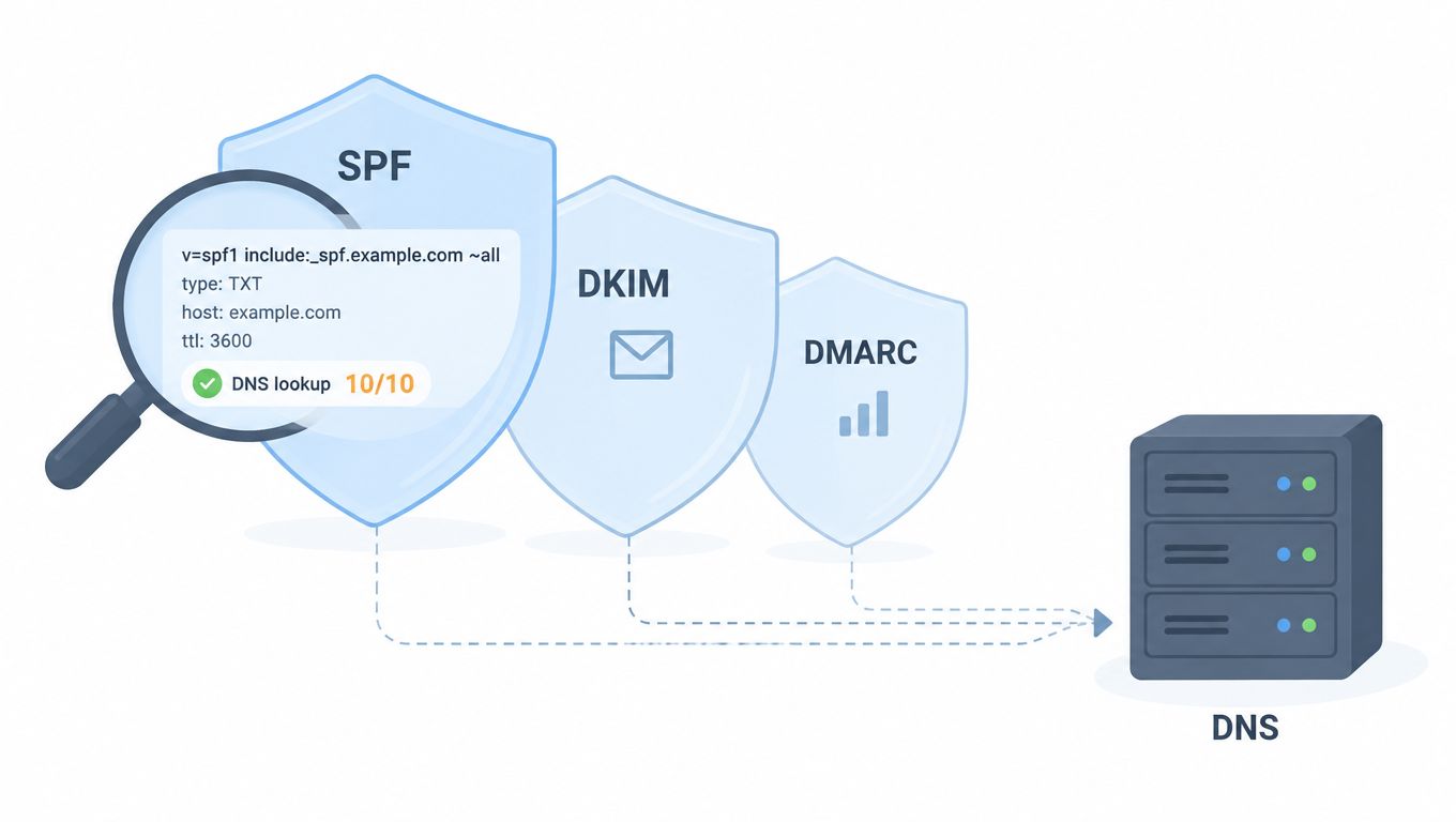 A digital illustration showing SPF, DKIM, and DMARC security protocols being checked via DNS records.