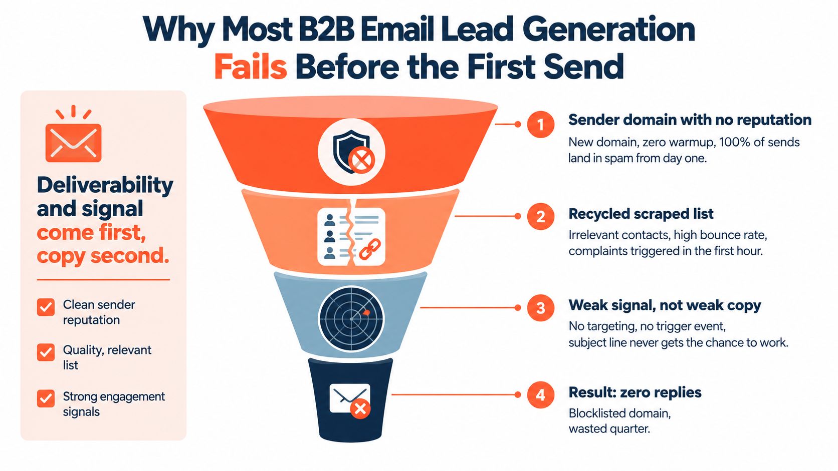 A funnel diagram explaining why B2B email lead generation campaigns often fail before the first send.