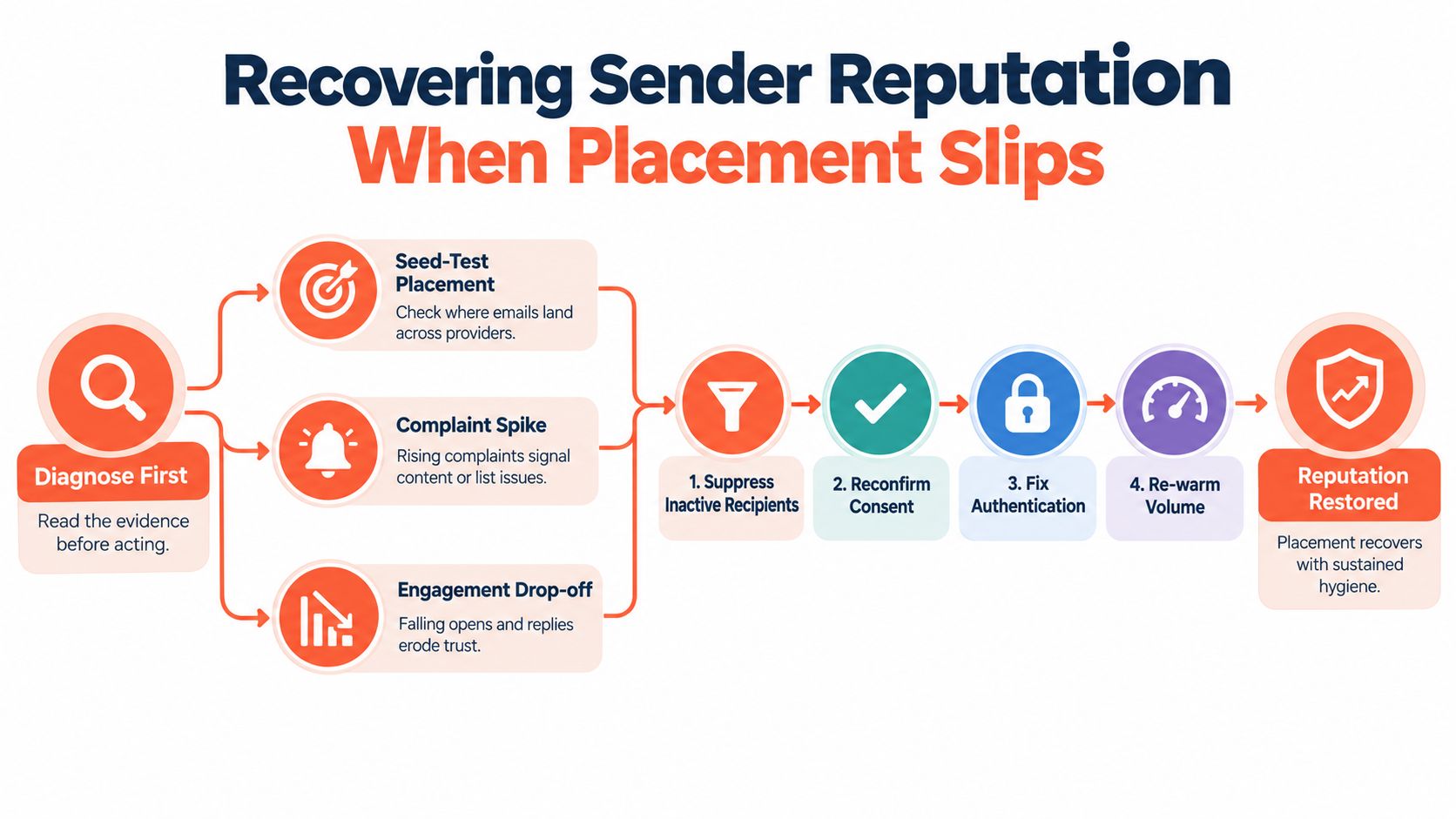 A diagram outlining the steps to recover email sender reputation when email placement rates begin to decline.