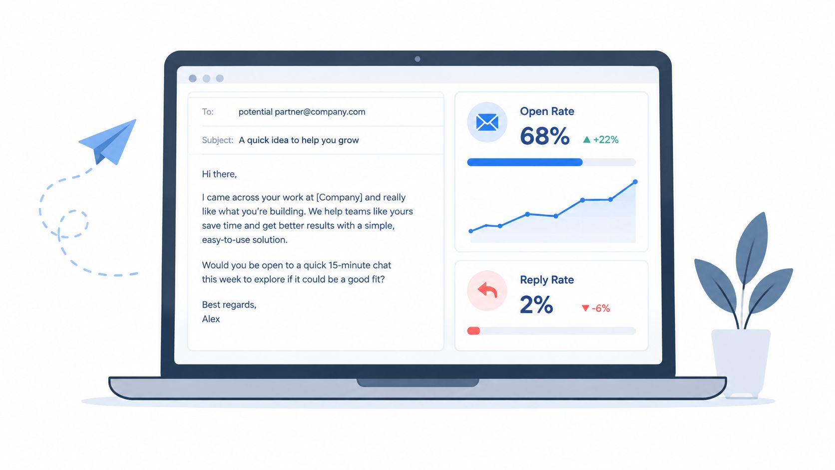 A laptop screen displaying a cold email draft alongside open rate and reply rate analytics charts.