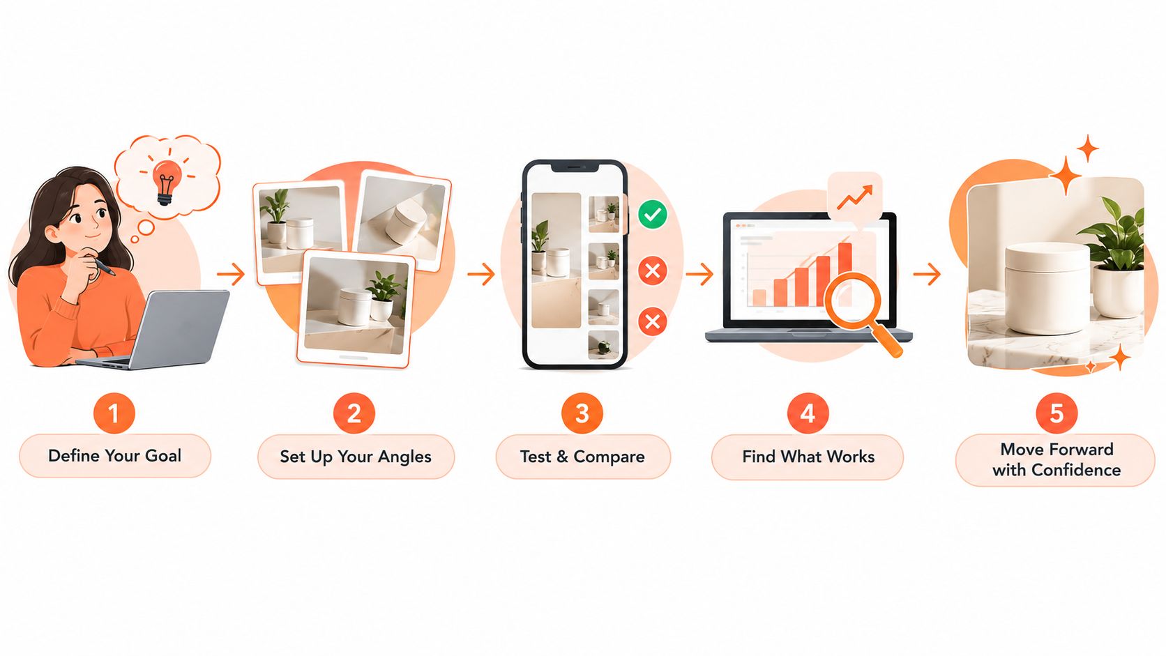 A five-step business workflow infographic illustrating product photography and testing strategies on a laptop and mobile phone.