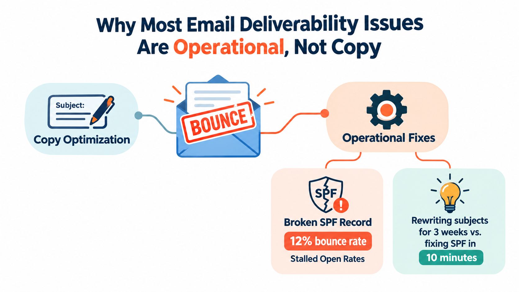 An infographic showing that email bounce issues are usually due to operational fixes rather than copy optimization.