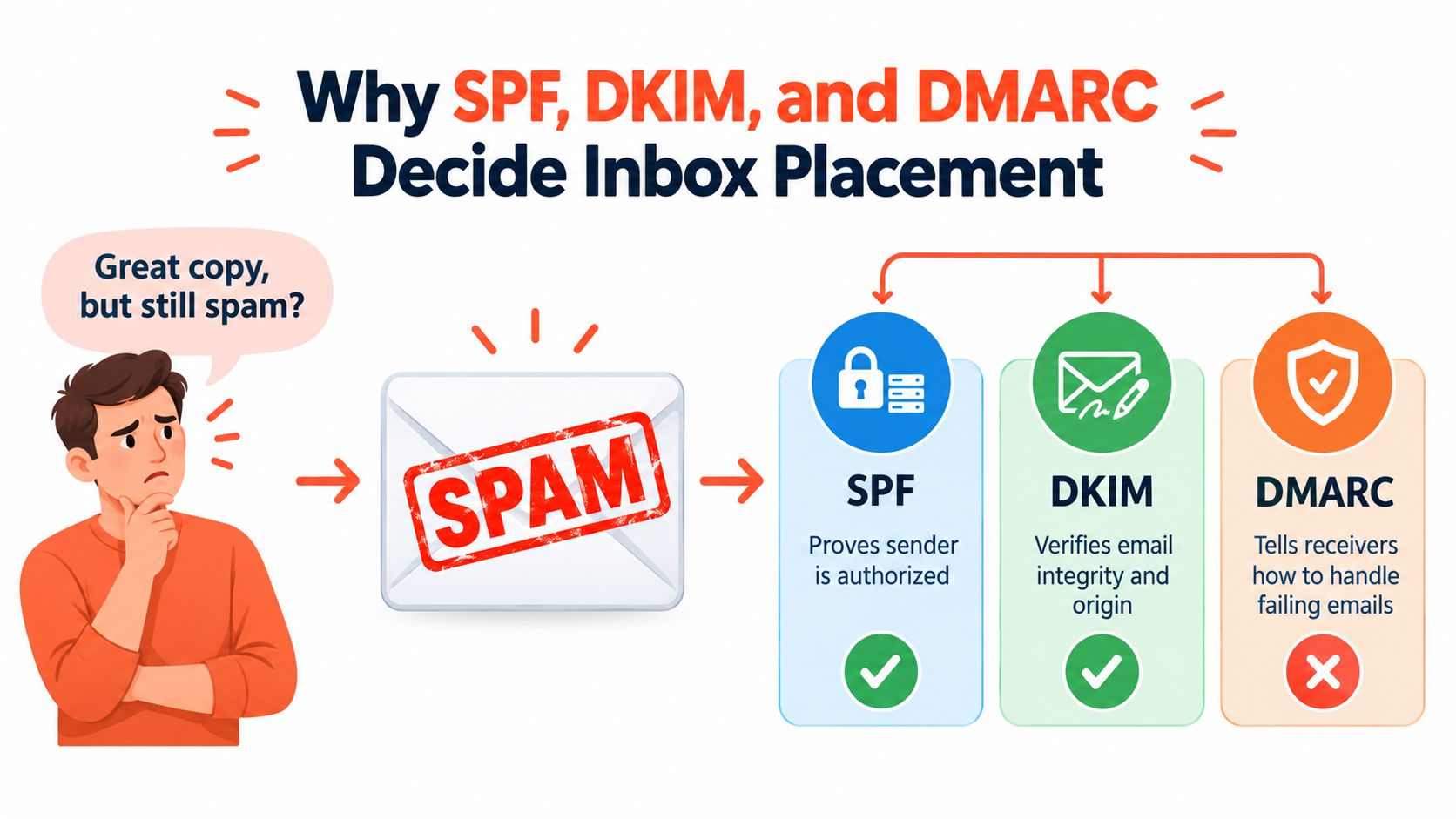 An infographic explaining how SPF, DKIM, and DMARC email protocols determine if an email reaches the inbox.