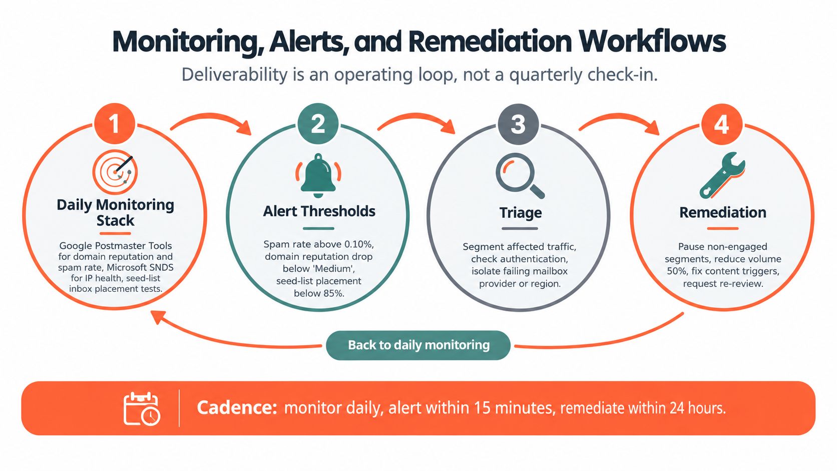 A four-step workflow diagram illustrating the process of daily email monitoring, alerting, triage, and remediation steps.