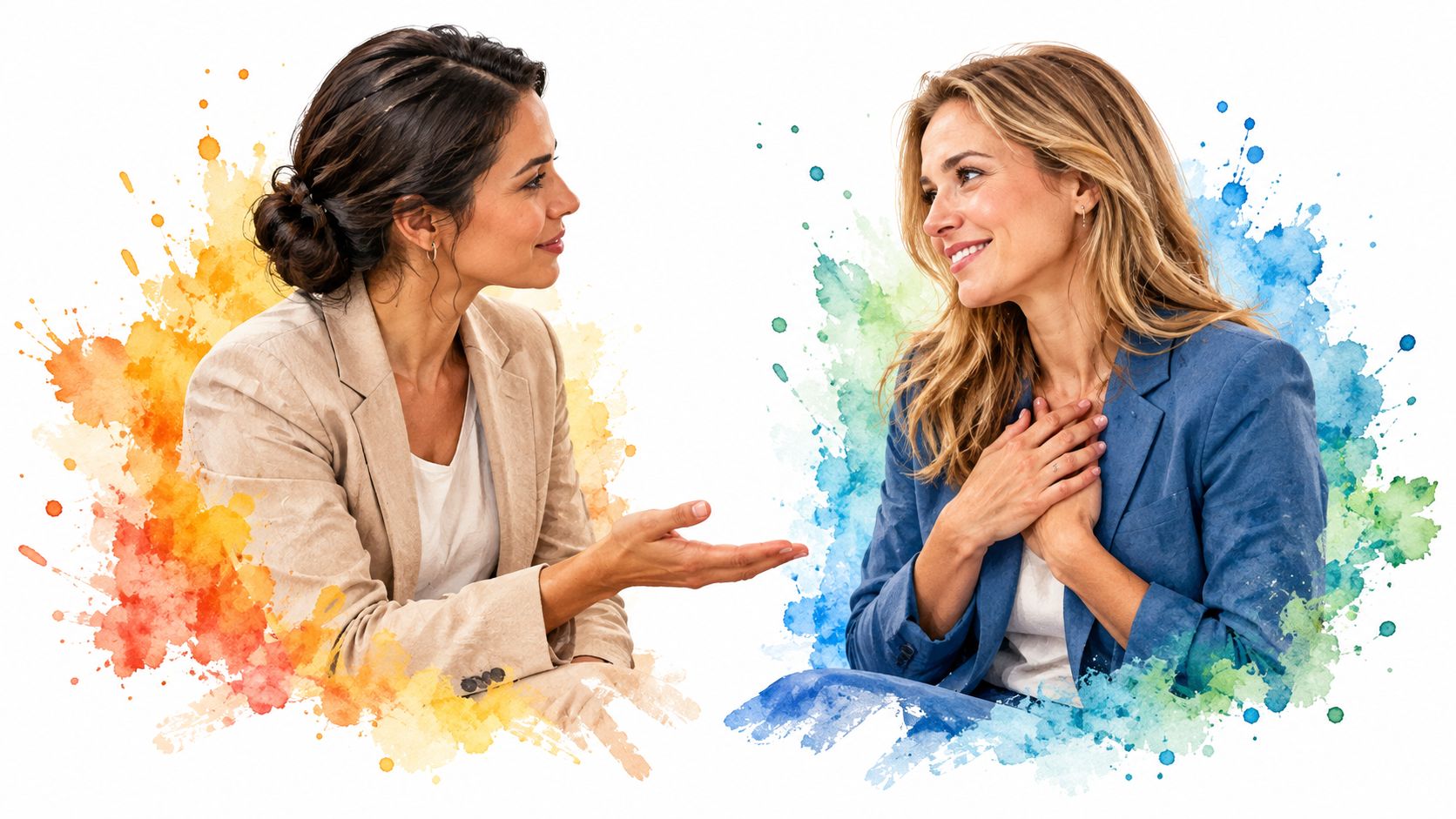 A businesswoman explaining sales strategies to a client who is listening with a thoughtful expression
