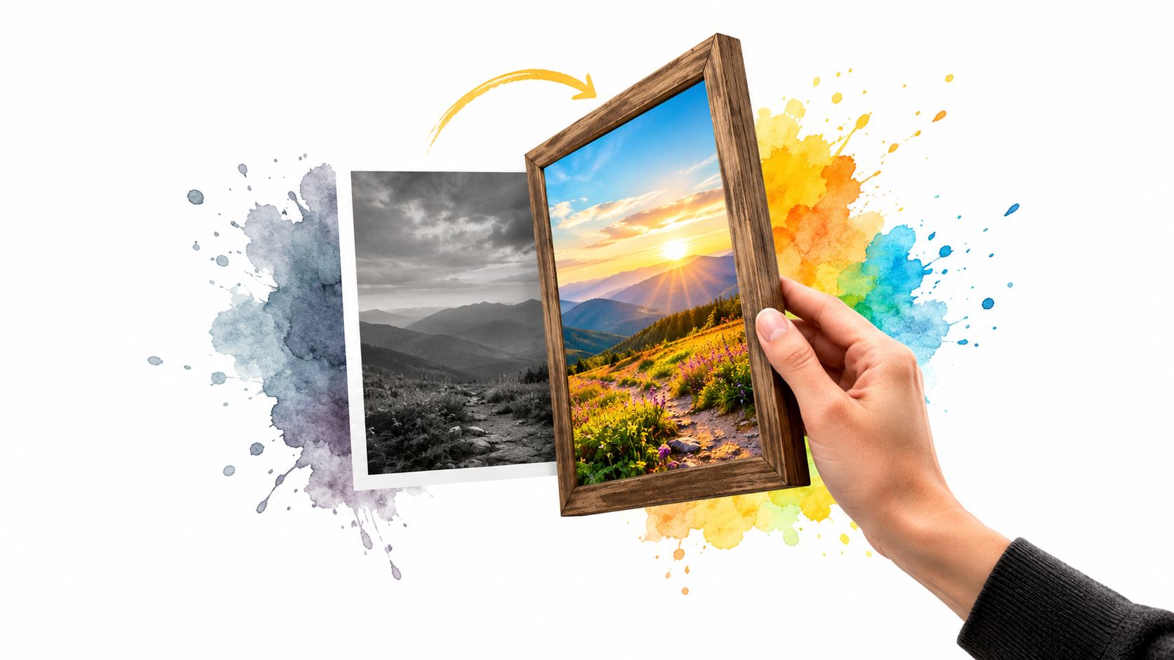 A hand holding a wooden frame transforming a black and white mountain photo into vibrant color.
