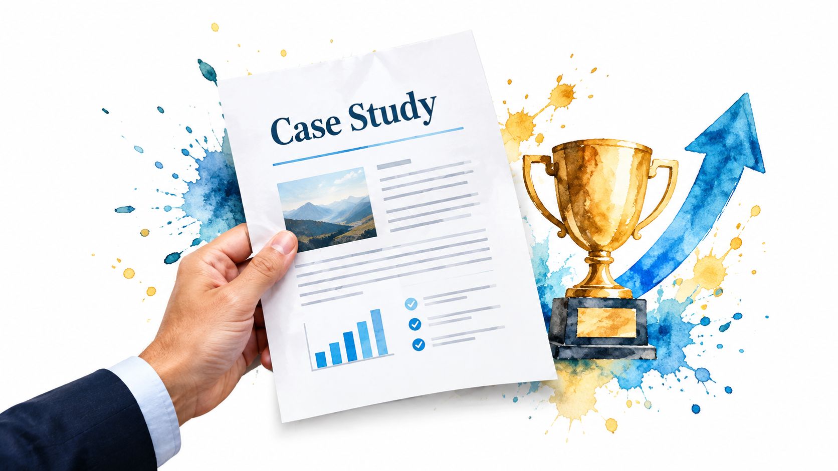 A businessman holding a document about case studies featuring a golden trophy and an upward trending arrow.