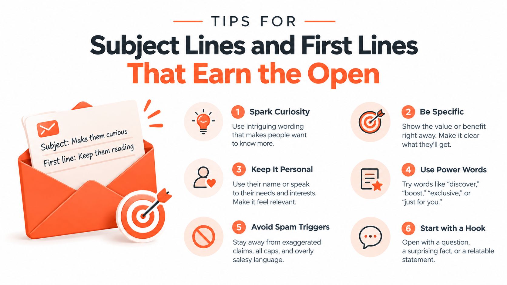 An infographic titled Tips for Subject Lines and First Lines That Earn the Open with six numbered steps.