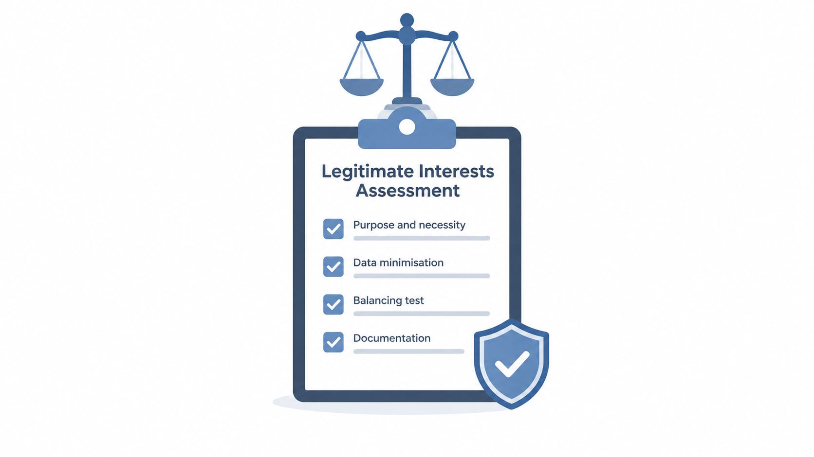 A clipboard showing a GDPR legitimate interests assessment checklist with four checked boxes and a shield icon.