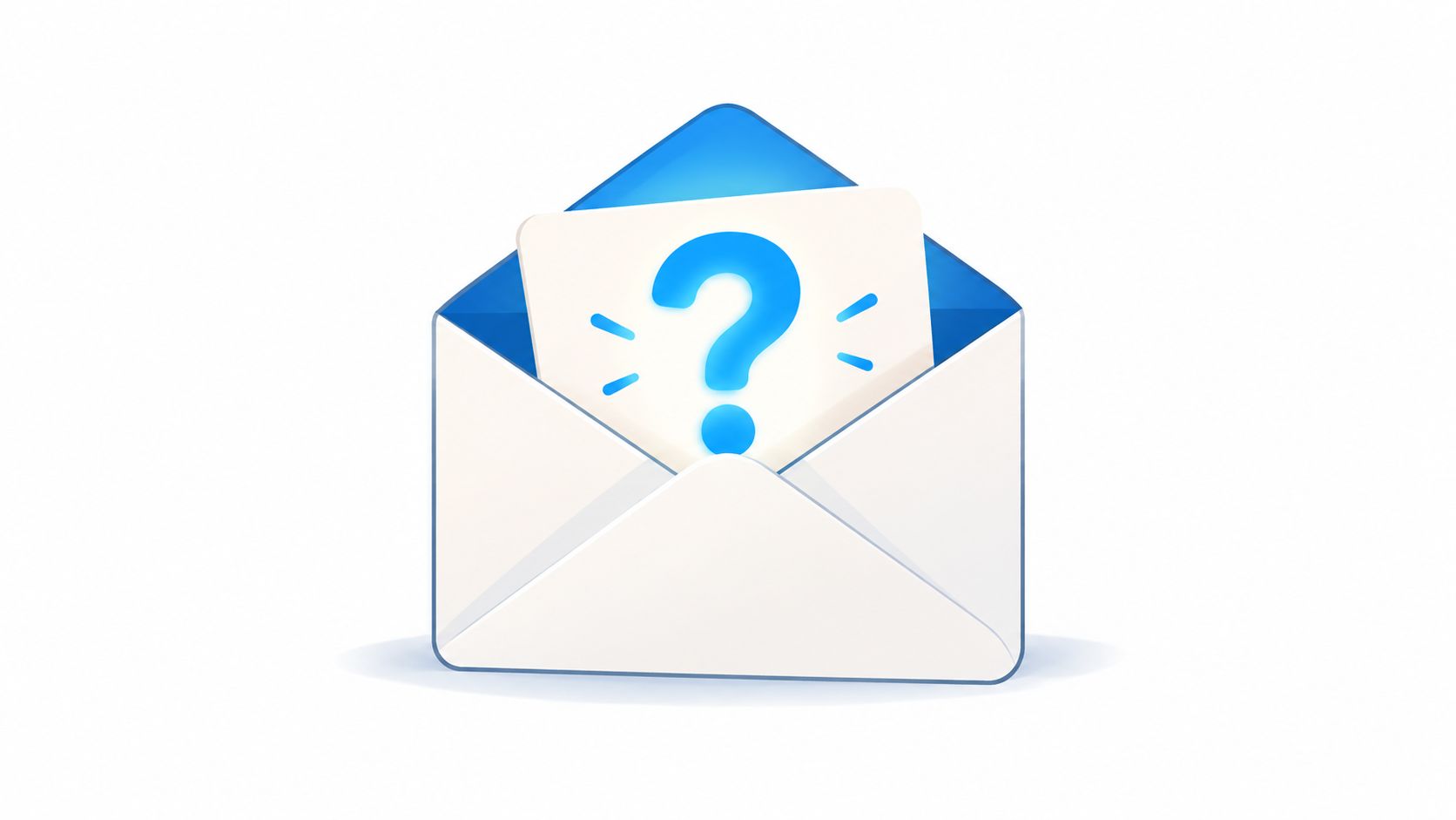 An open white envelope containing a card with a large blue question mark in the center.