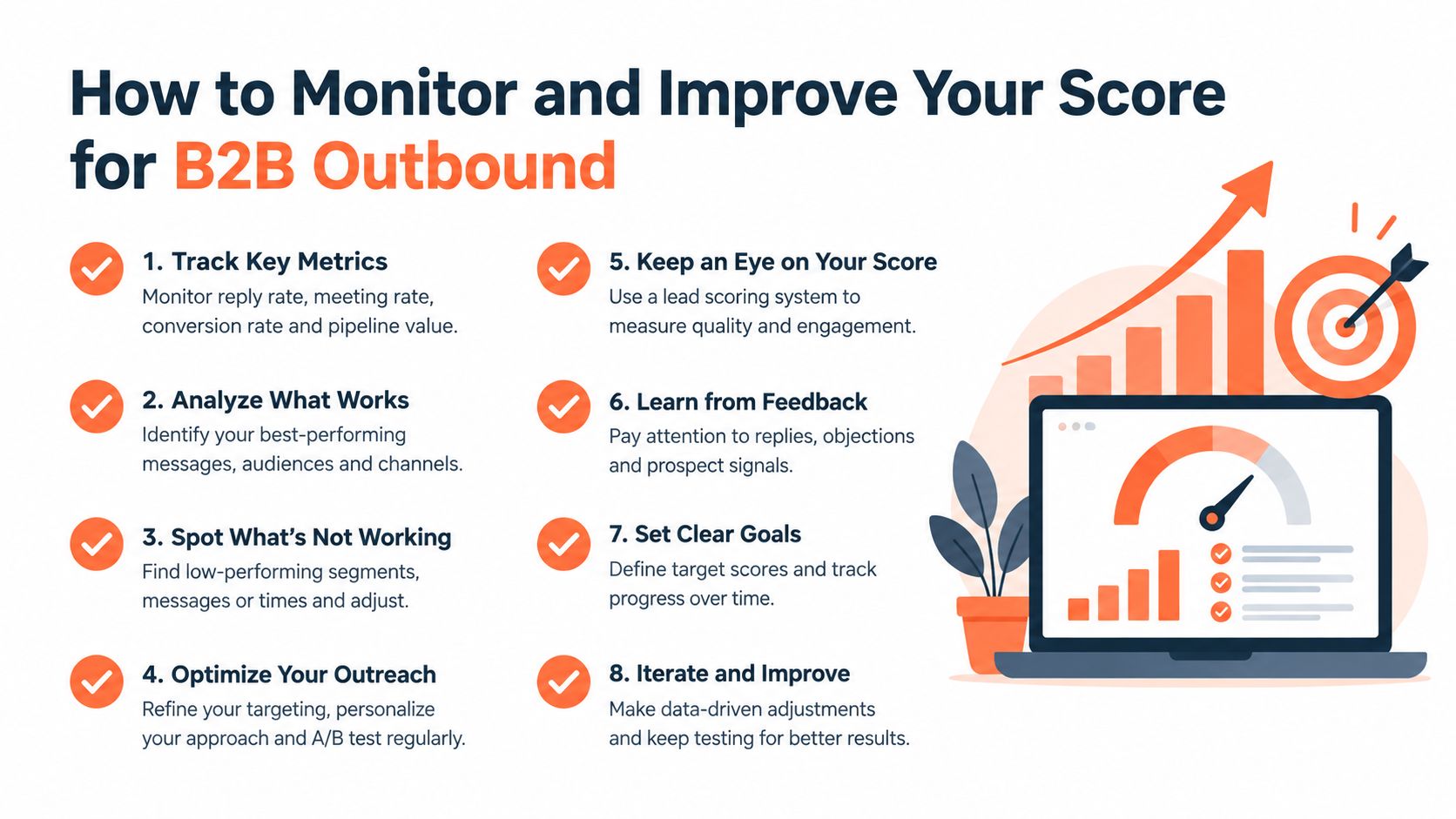 An infographic detailing eight steps to monitor and improve sender reputation scores for B2B outbound marketing strategies.