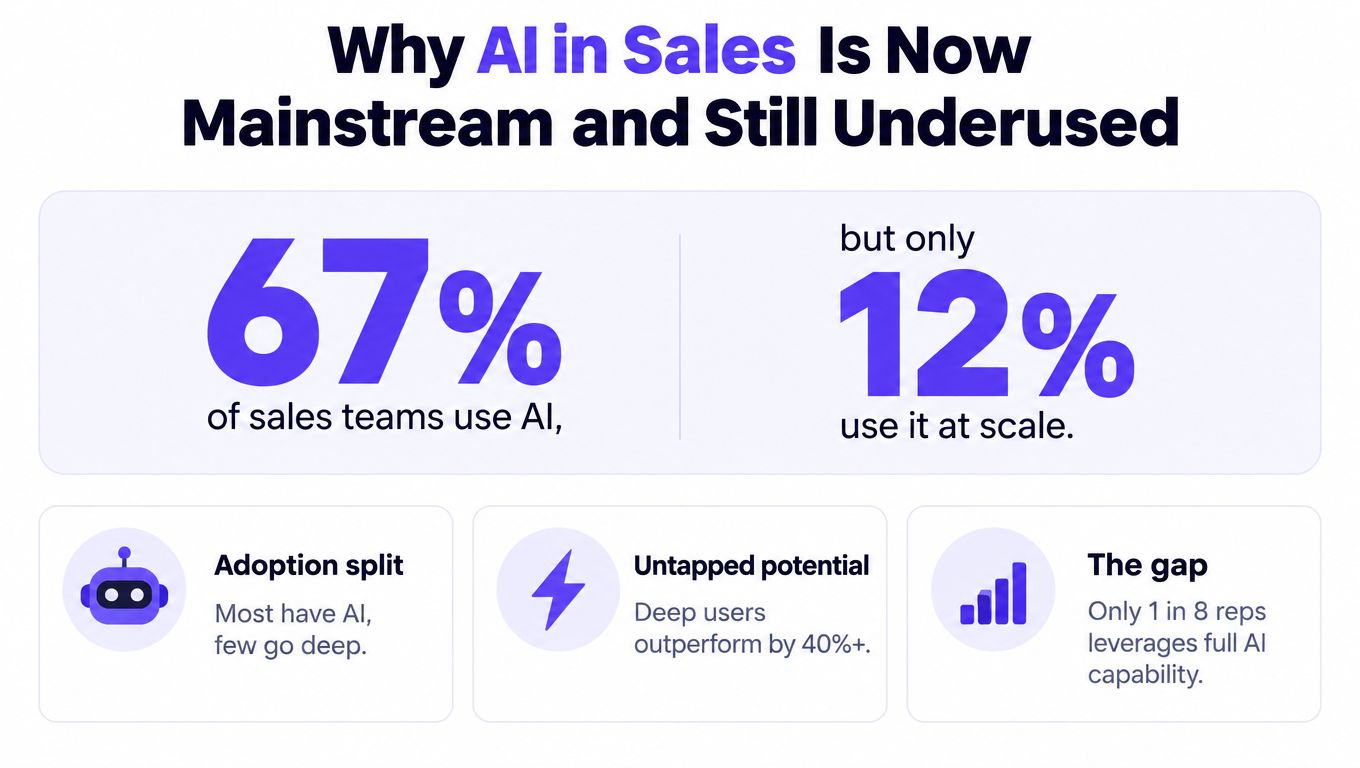 A graphic infographic showing that 67% of sales teams use AI but only 12% use it at scale.