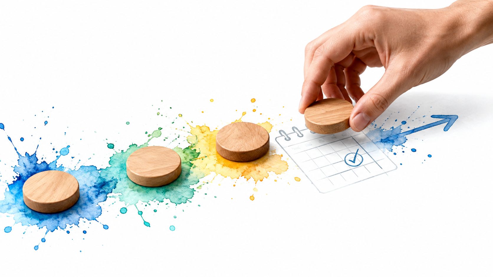 A hand placing a wooden disk on a calendar graphic, symbolizing project planning and task completion.