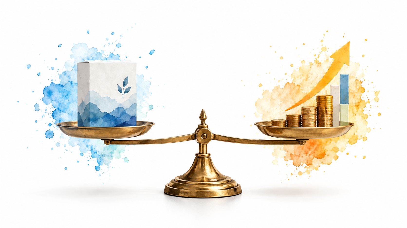 A golden balance scale comparing a product package with stacks of coins and a growth arrow.