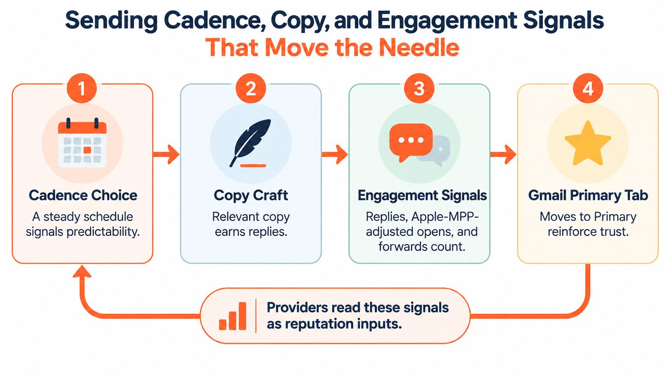 A four-step infographic illustrating email marketing strategies for improving delivery, engagement, and sender reputation.