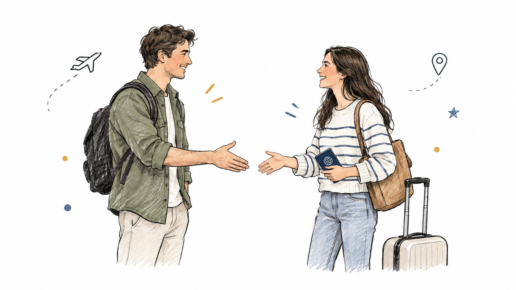 一位年輕男子與女子在機場互相握手，準備開始他們的旅行與冒險。