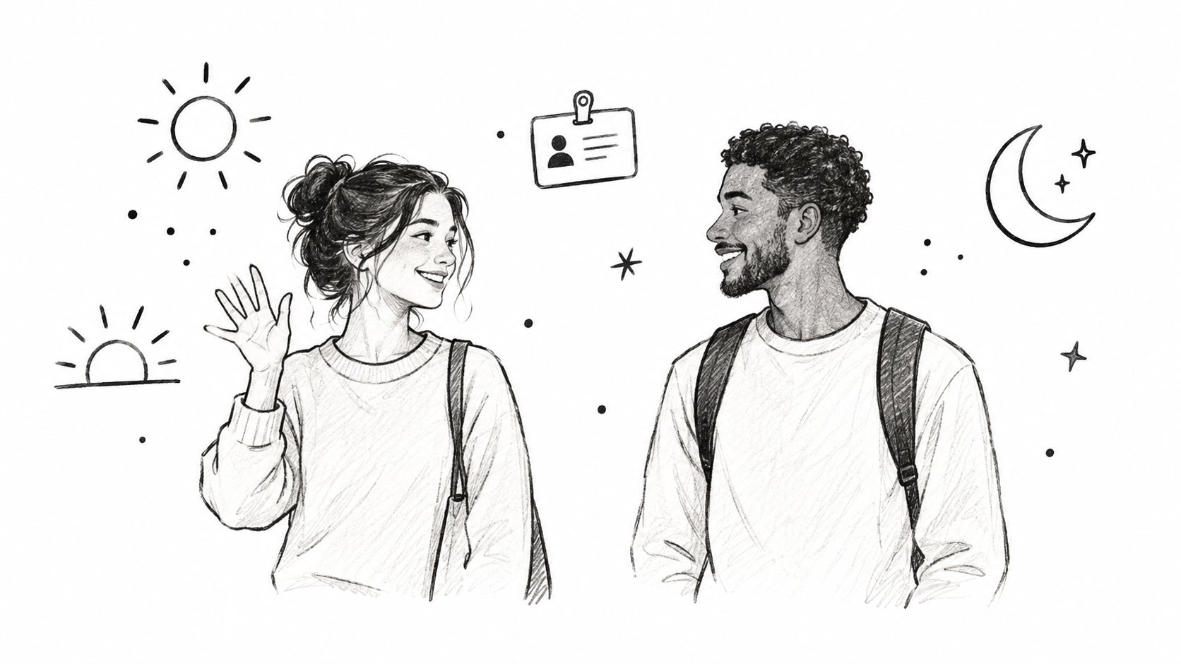 插畫描繪一男一女學生正在互相打招呼,周圍伴隨太陽、月亮與證件圖標。