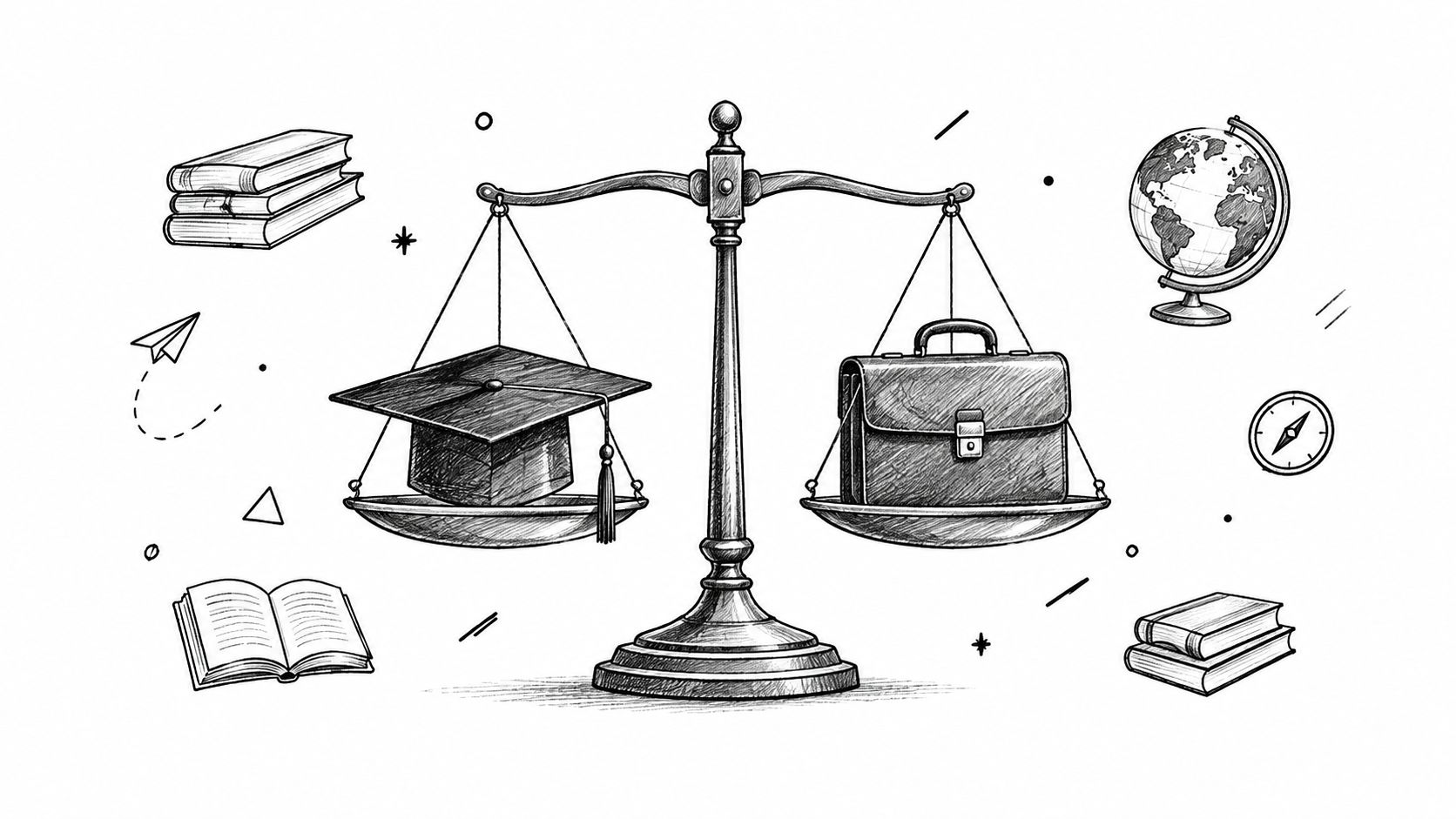 這是一幅以素描風格表現學業與職涯平衡的天平插圖,周圍配有書籍、地球儀和指南針。