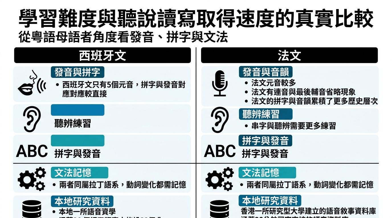 西班牙文與法文的學習難度及聽說讀寫特點對比分析圖表