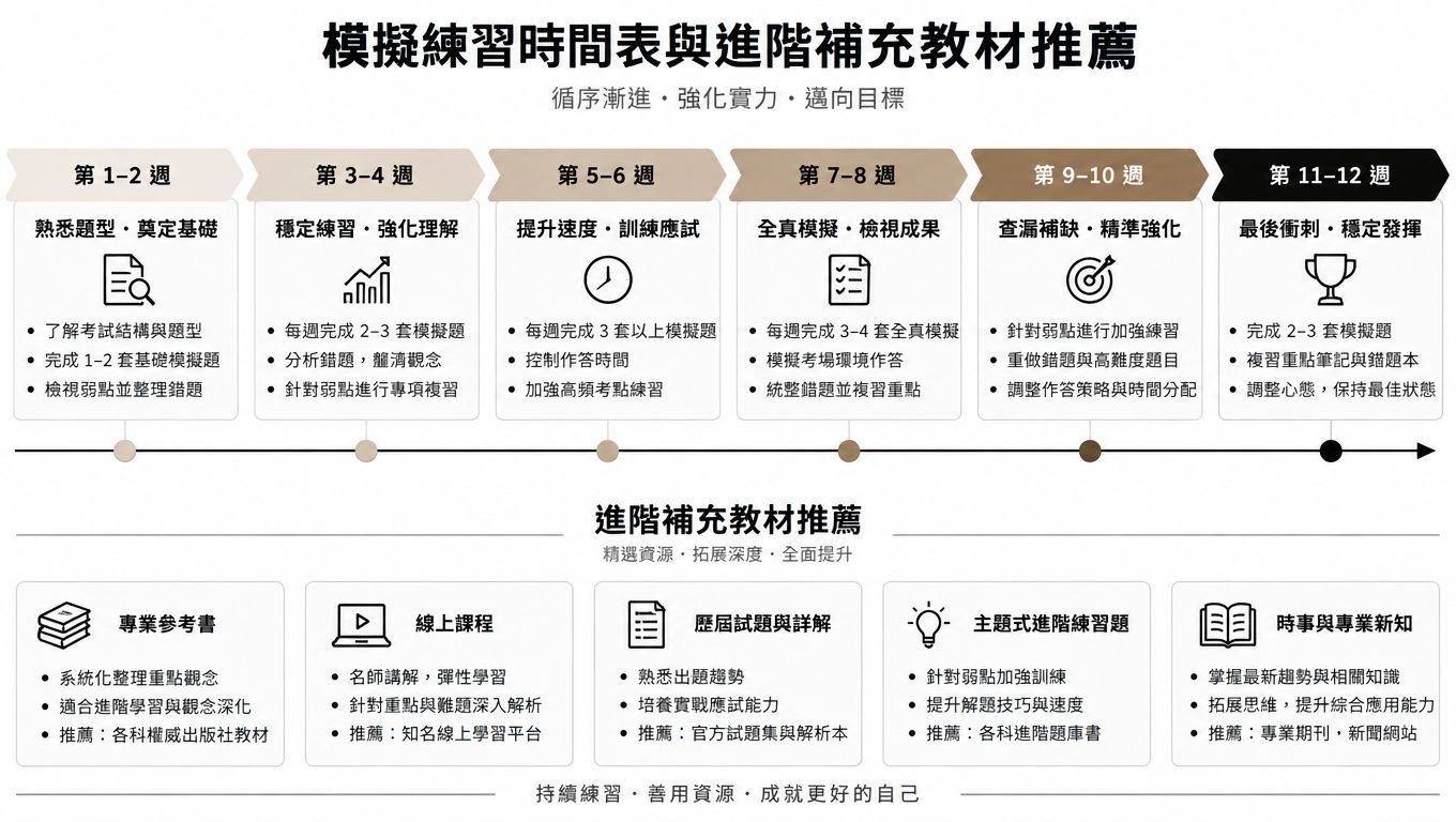 這是一份十二週的DSE法文考試溫習時間表，包含各階段重點學習任務與補充教材推薦。