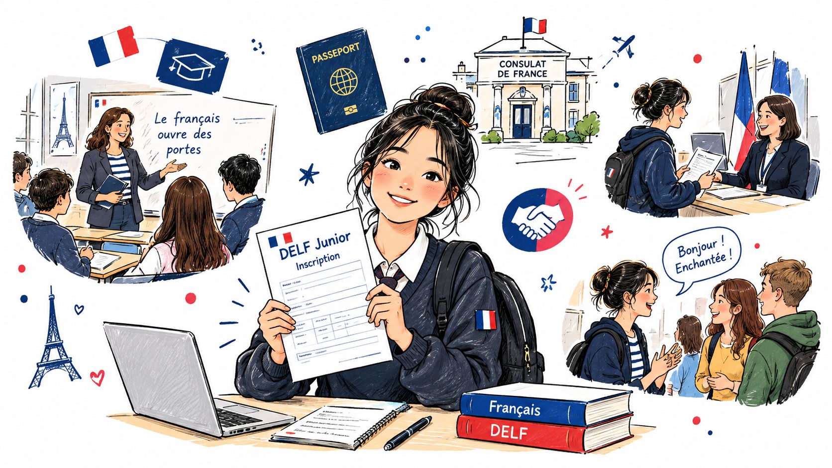 一位女学生展示DELF法语考试报名表，周围环绕着法国文化学习和交流的插画元素。