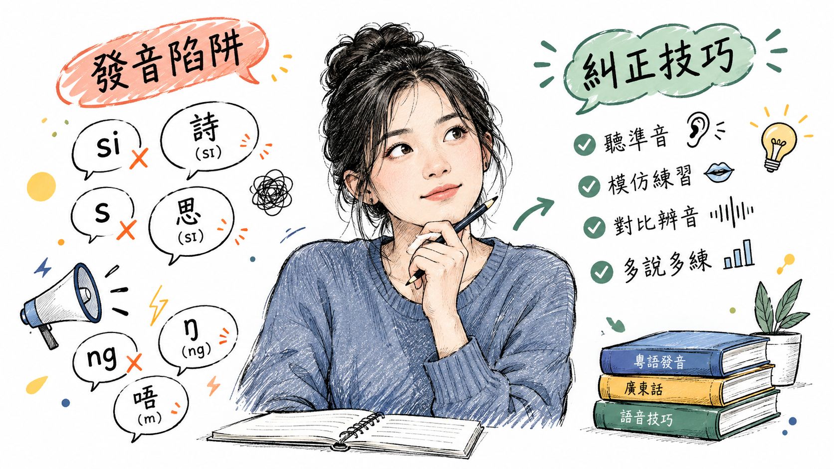 一位女生在繪圖旁思考粵語發音與糾正技巧的學習筆記。