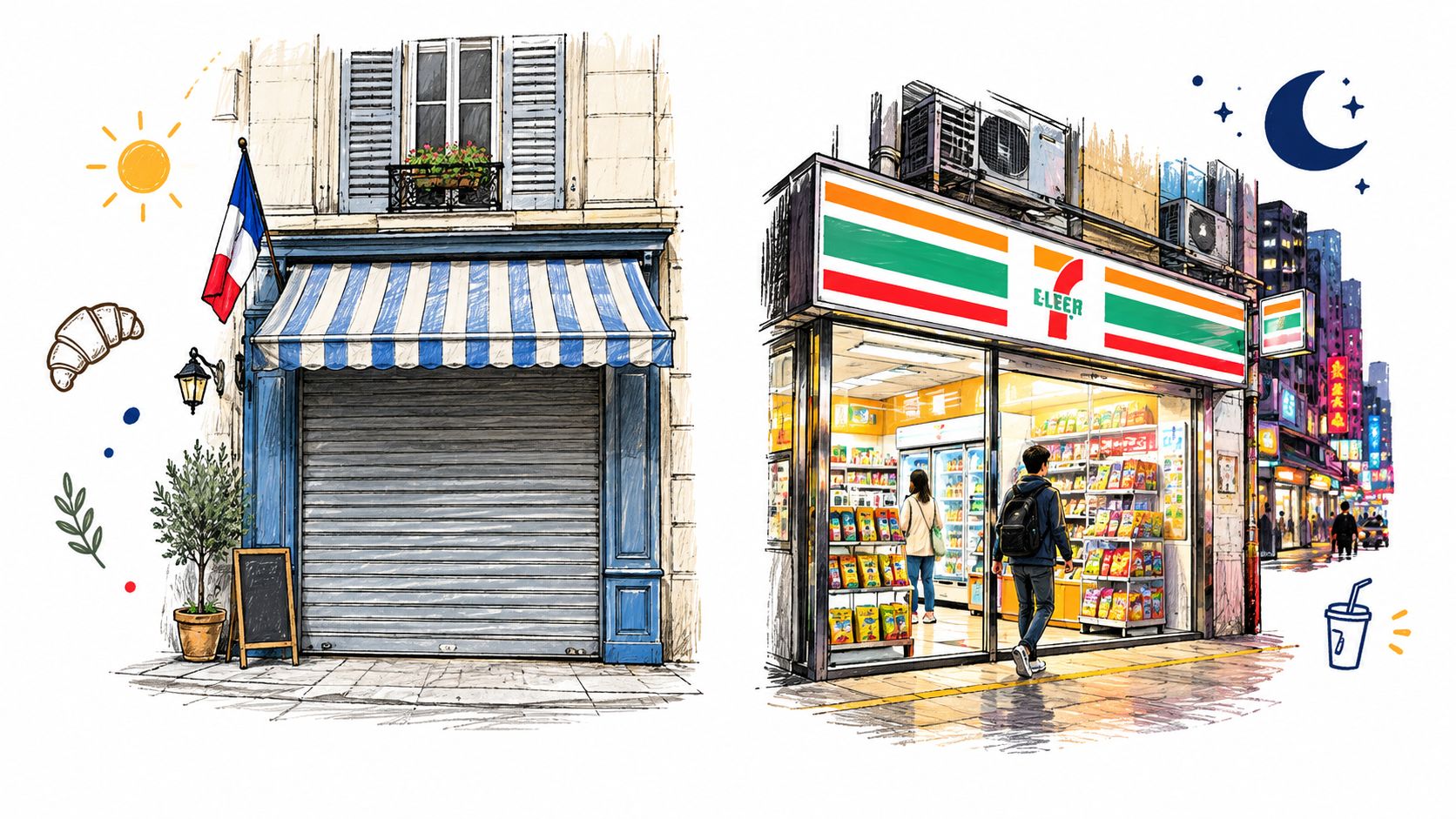 法國傳統店舖與香港便利店生活方式的插畫比較。