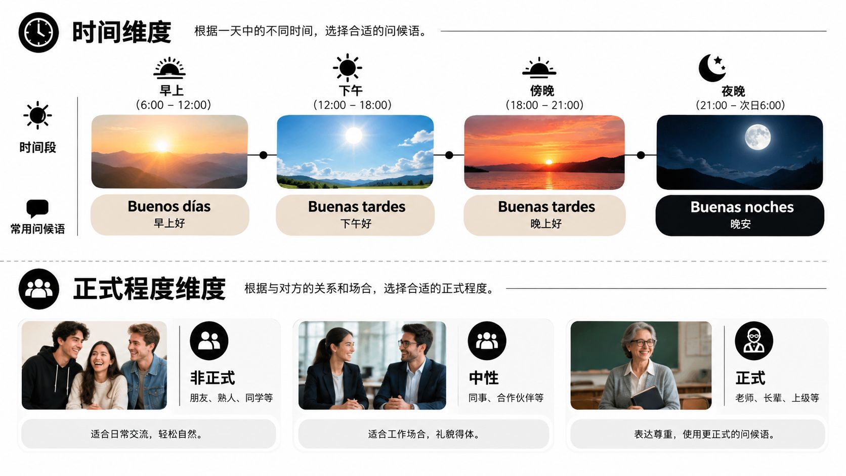 展示西班牙语问候语根据时间维度和正式程度变化的教学图表
