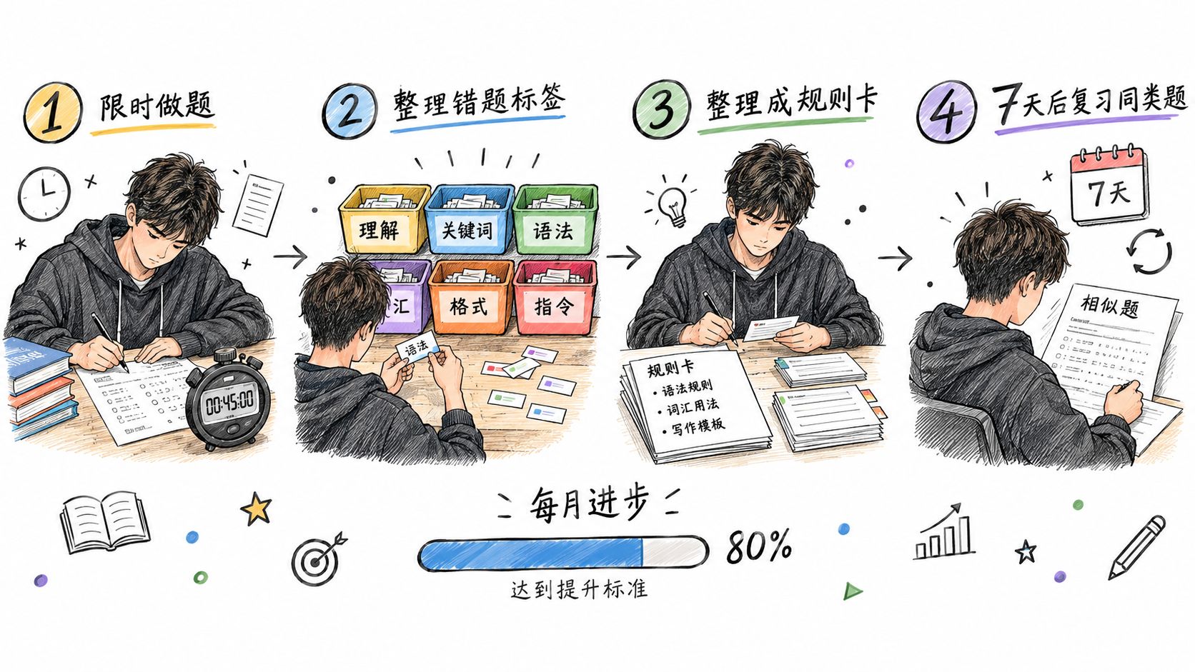 插图展示了学生通过限时做题、整理错题、总结规则卡并进行定期复习的四步高效学习方法。