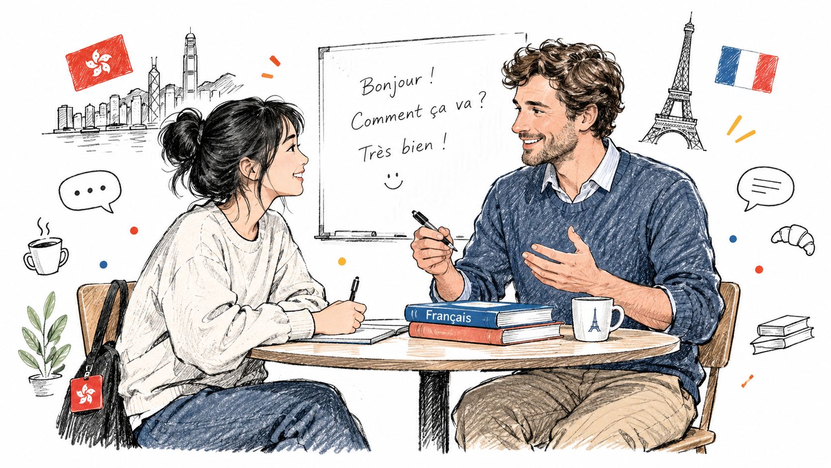一位女學生在與法語老師進行法語會話練習，桌上有課本與咖啡。
