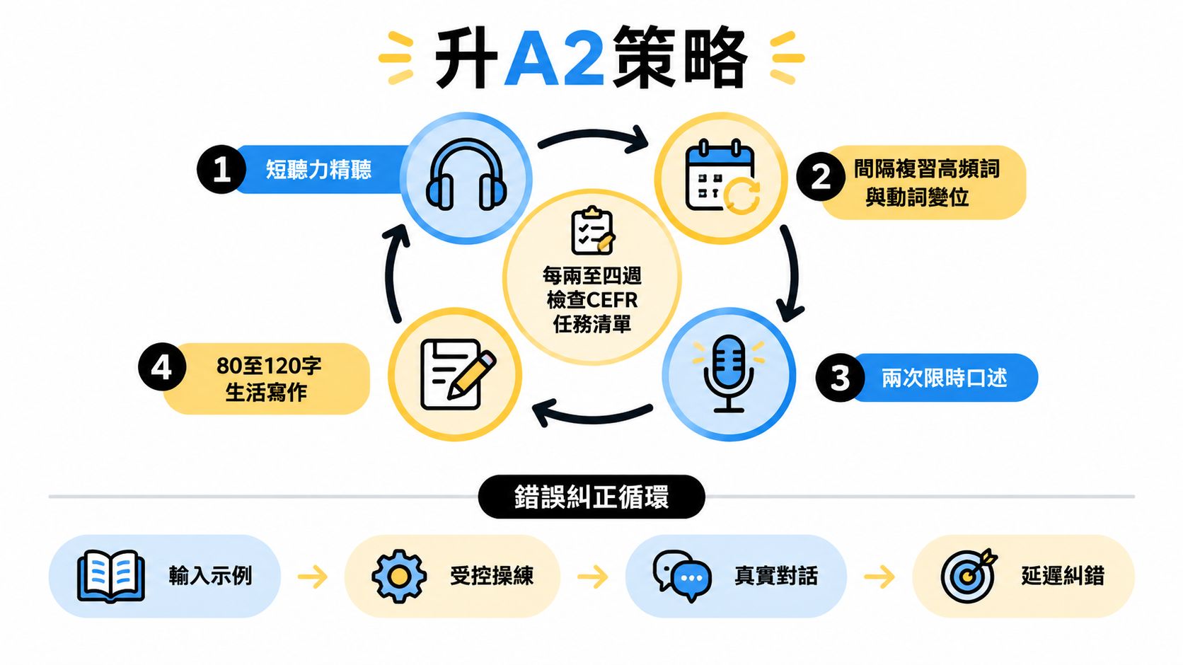 這是一張關於學習語言並升級至A2程度的策略流程圖,包含聽說讀寫的訓練方法。