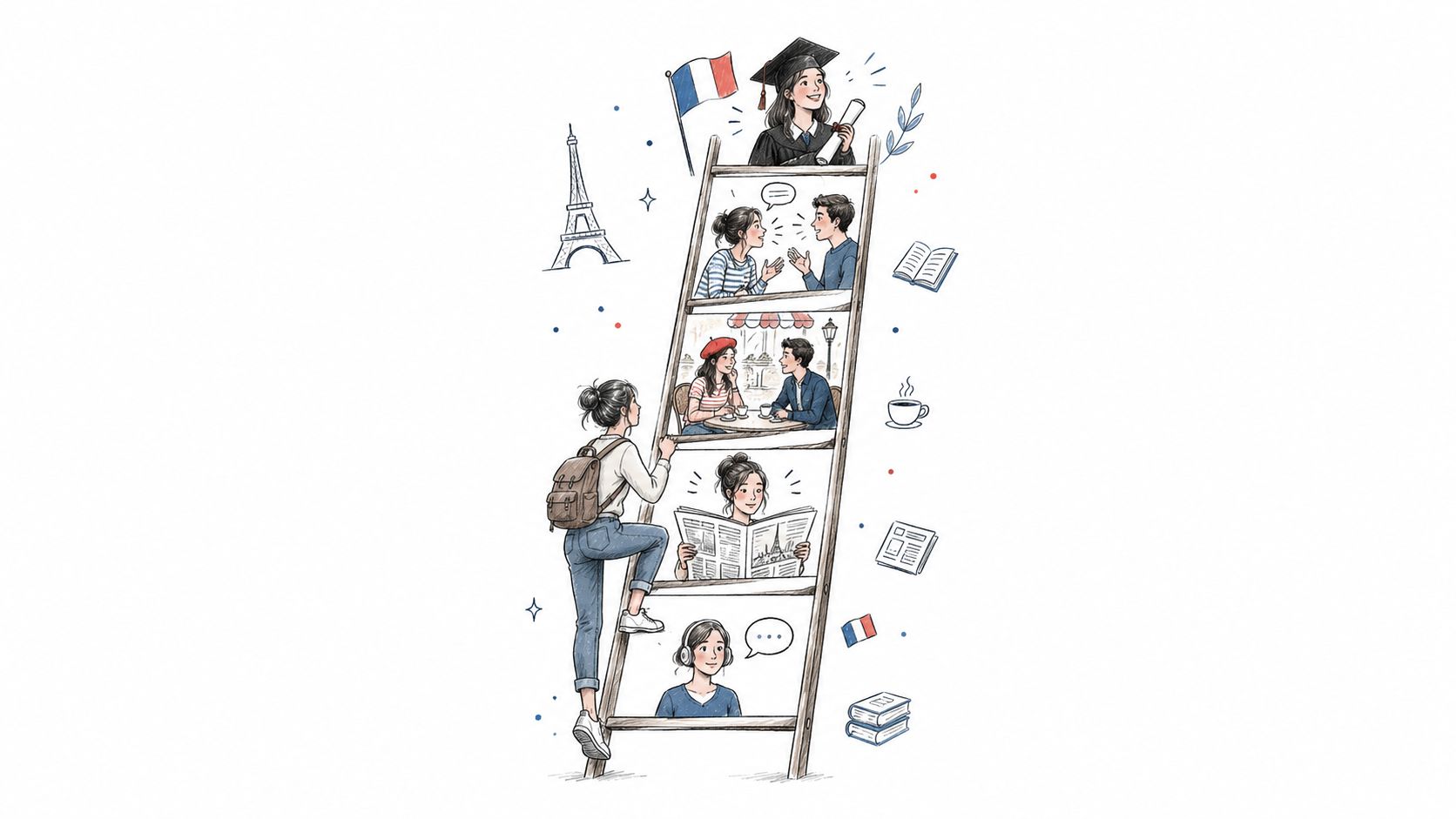 一名年輕女性循序漸進攀爬梯子，象徵學習法語從入門到精通的各個階段。