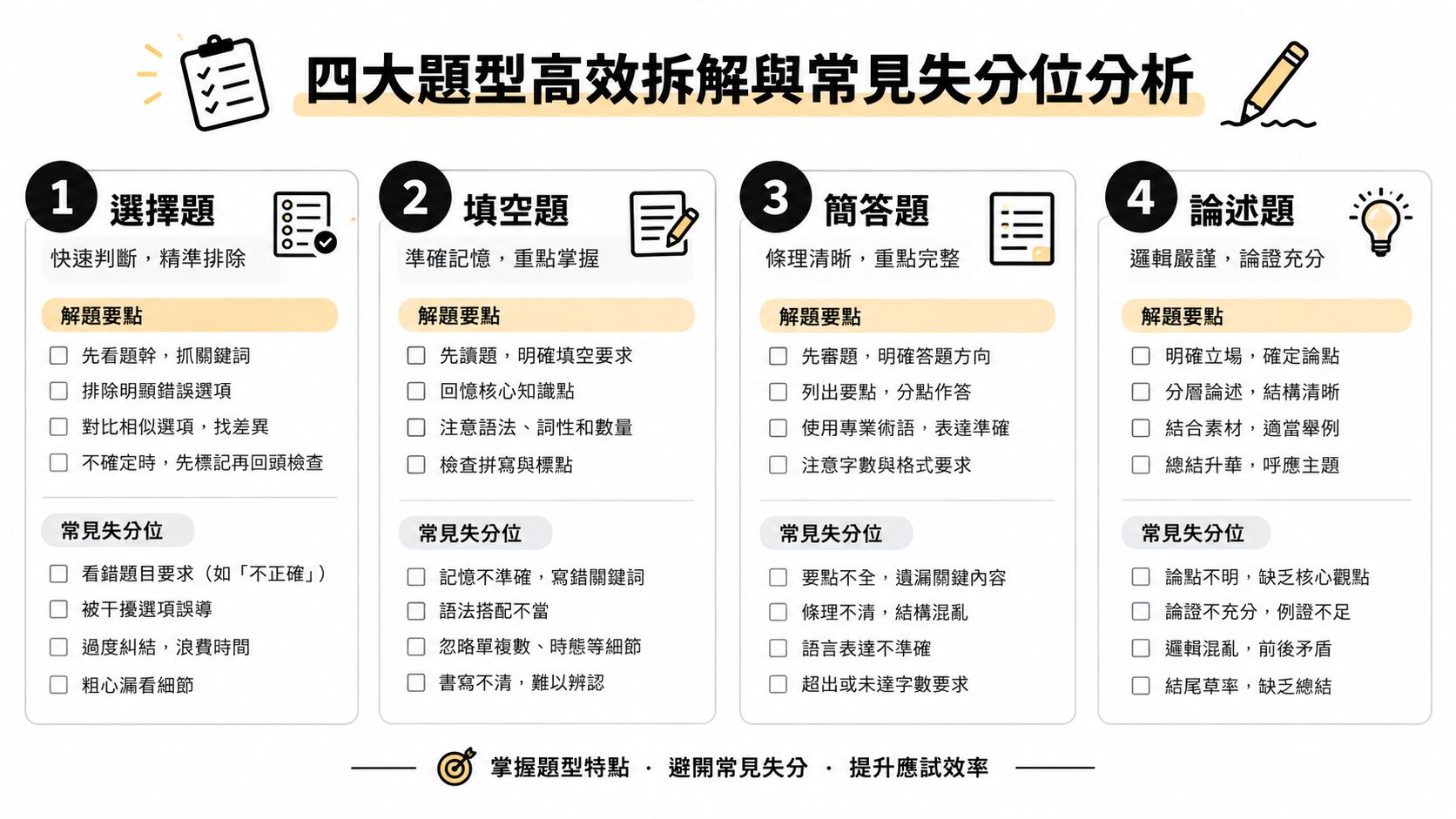 這是一張關於四大題型高效拆解與常見失分點的分析圖表，指導學生應試策略。