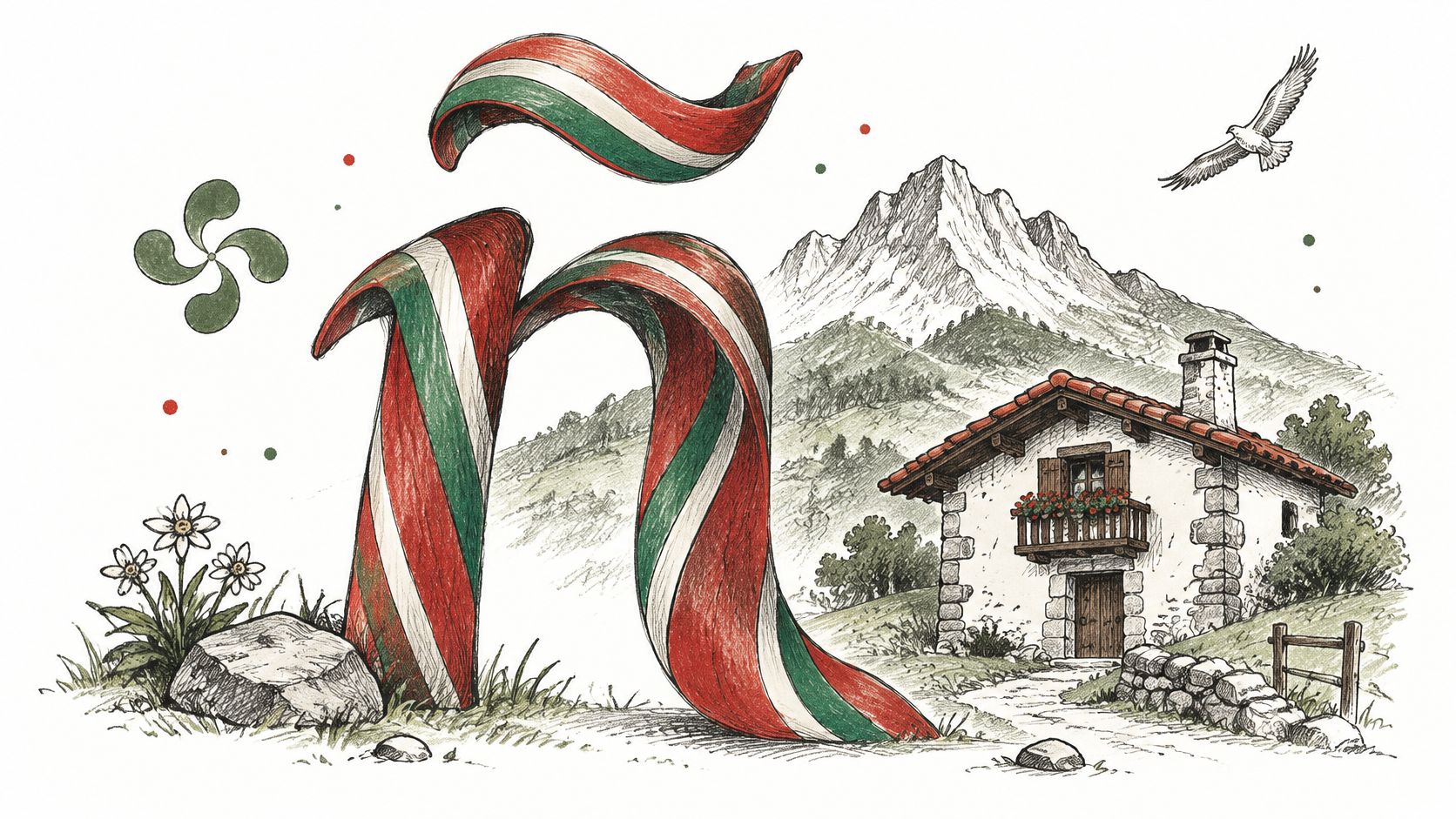 绘有巴斯克地区元素及西班牙语ñ字母的艺术插画,展现出独特的巴斯克文化风情。